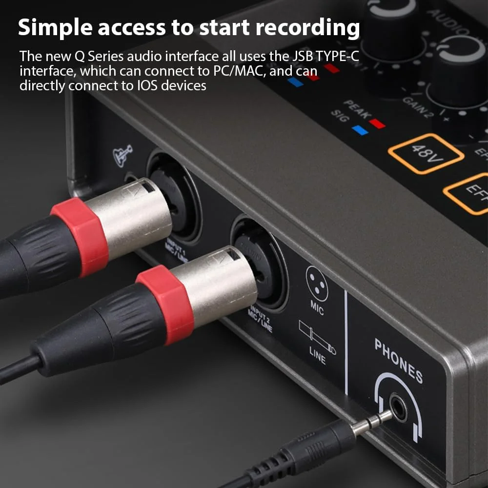 اینترفیس صوتی حرفه ای XLR با Reverb، فانتوم پاور 48 ولت، رزولوشن 16bit48kHz برای موسیقی و کارائوکه، Plug and Play