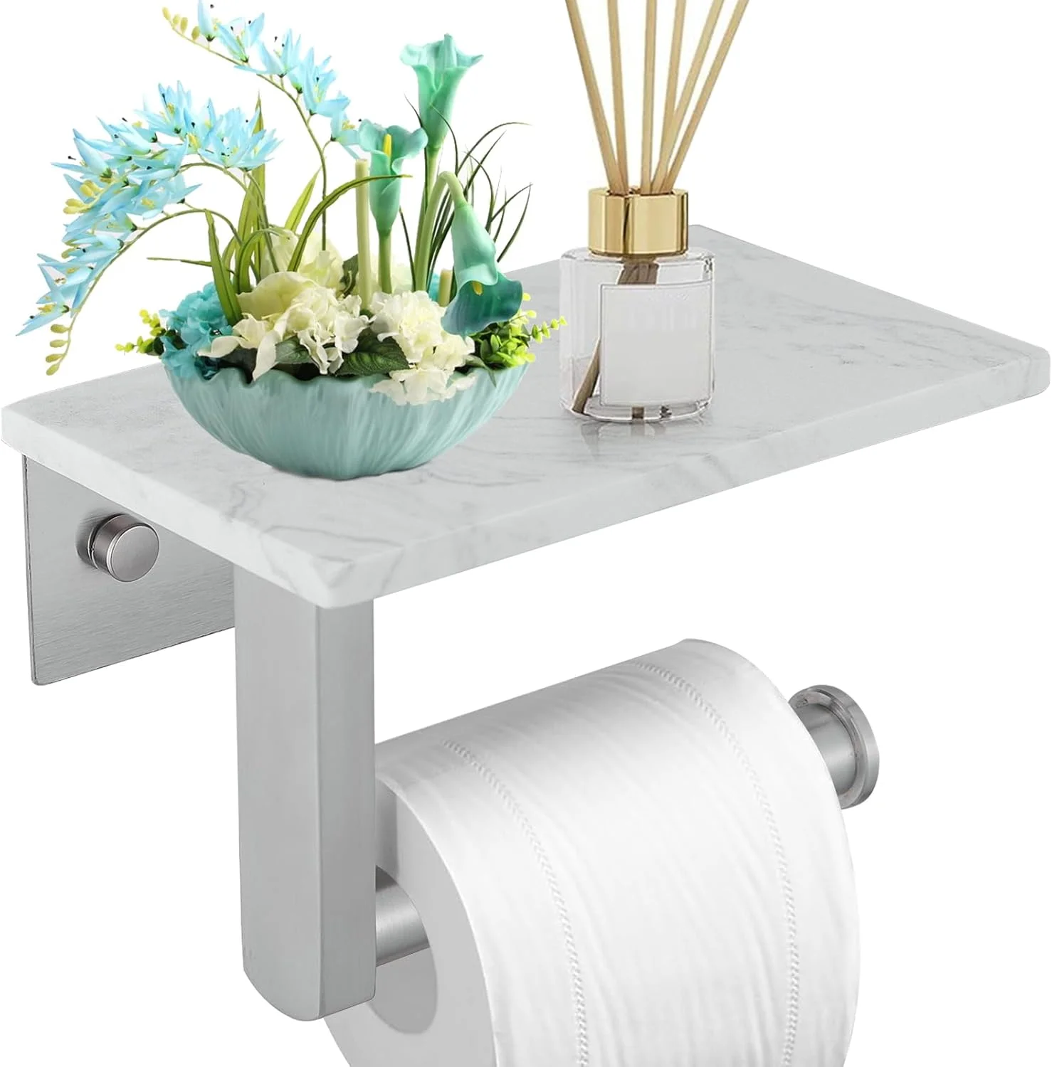 نگهدارنده دستمال توالت BATHLAVISH با قفسه مرمری، نگهدارنده دستمال کاغذی استیل ضد زنگ 304، نصب دیواری با قفسه تلفن برای حمام، آشپزخانه، دستشویی، اتاق خواب، نیکل برس خورده