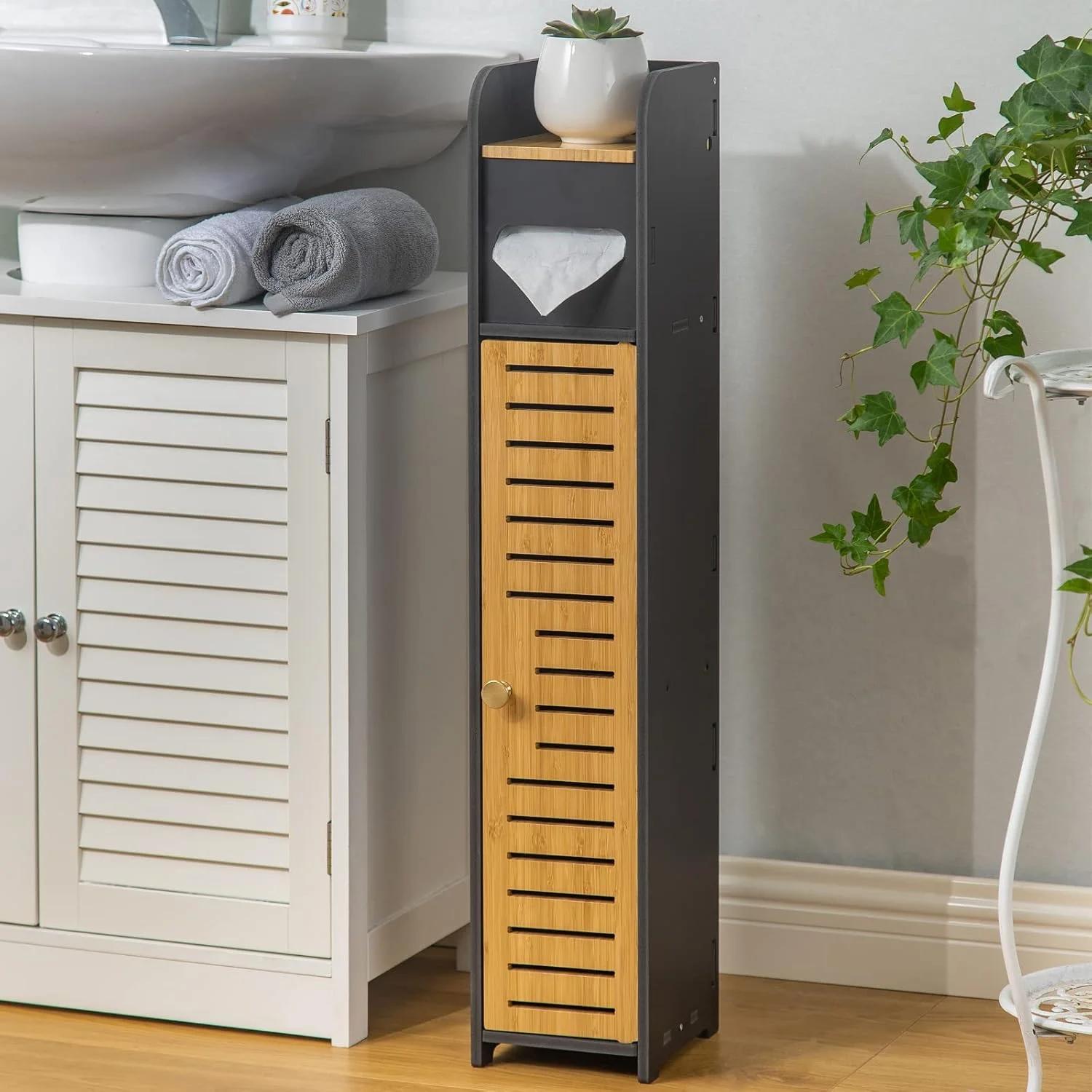 کابینت ذخیره سازی حمام AOJEZOR برای فضای کوچک - کابینت دستمال توالت مناسب برای رول کوچک، مشکی - بامبو