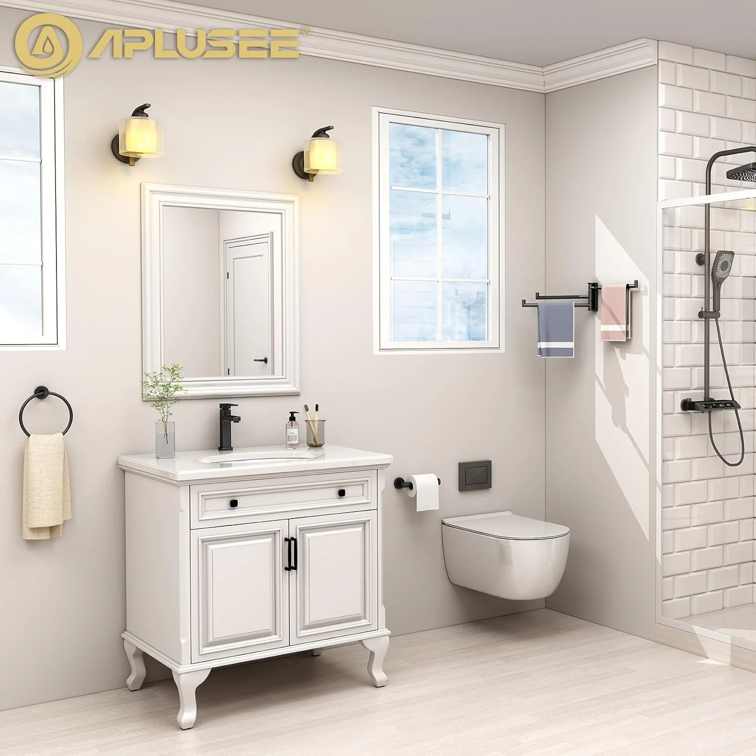 ست لوازم جانبی حمام 2 تکه مشکی مات APLusee، حلقه حوله دستی و جا دستمال توالت، سخت افزار حمام استیل ضد زنگ، نصب دیواری