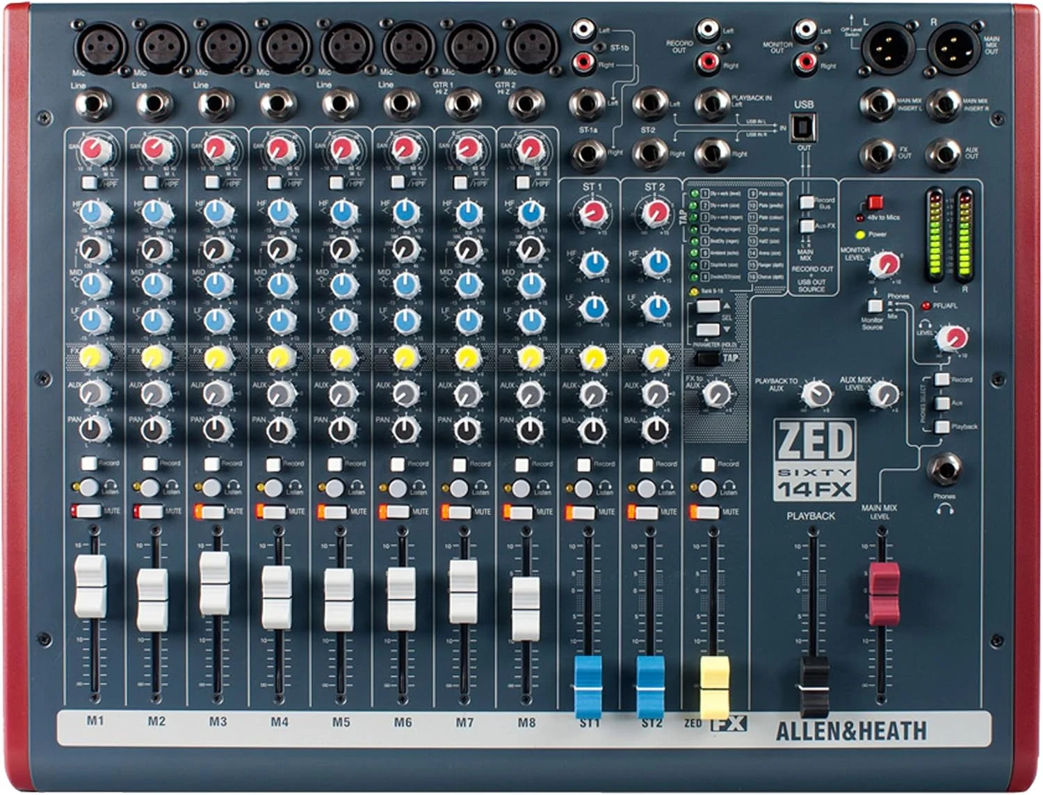 میکسر صوتی با کیفیت Allen & Heath ZED60-14FX - دارای 6 ورودی میکروفون/لاین، 2 ورودی میکروفون/لاین/DI، 3 ورودی لاین استریو، افکت های داخلی و ورودی/خروجی USB (AH-ZED60-10FX)