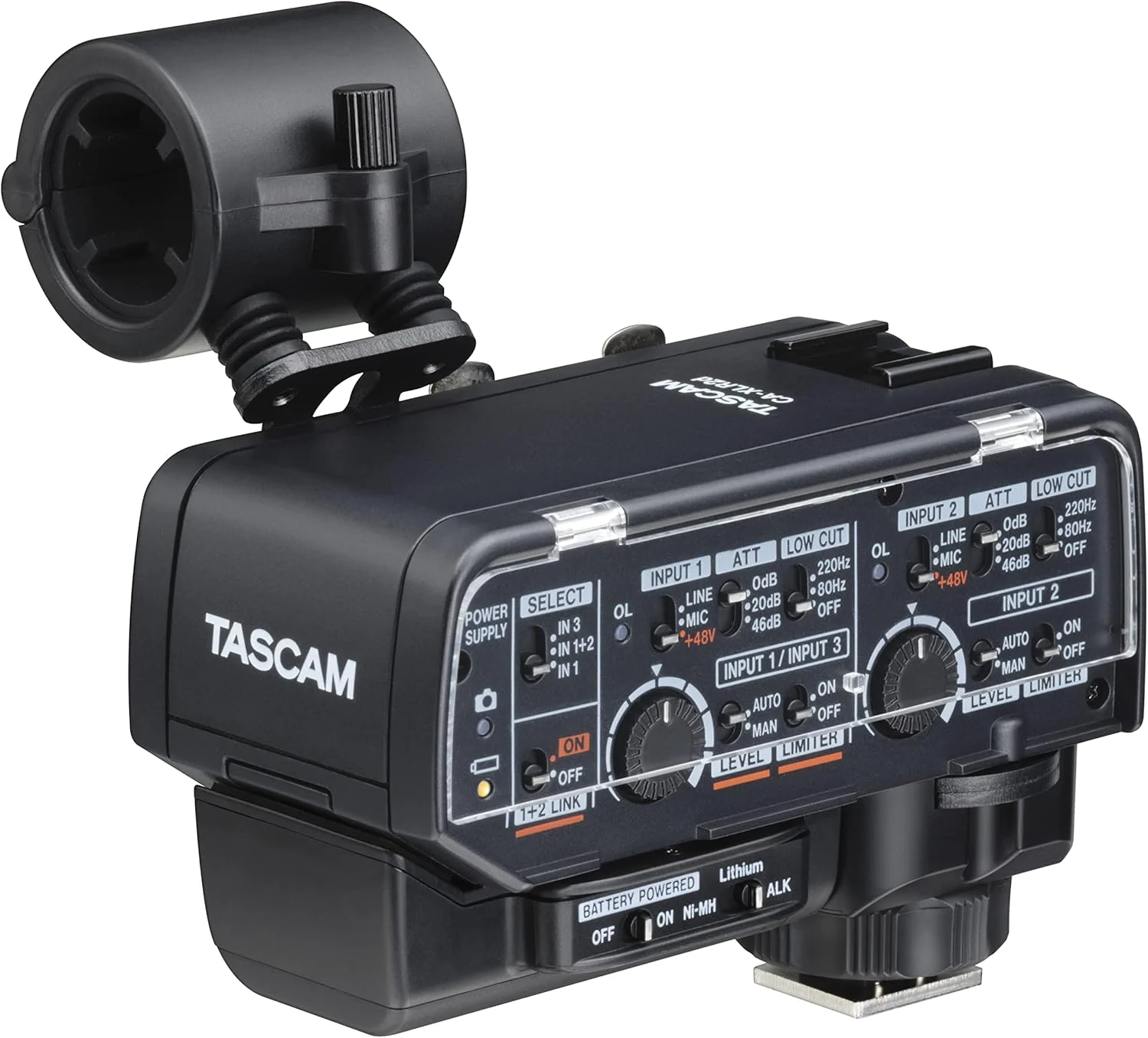 آداپتور میکروفون XLR تسکم CA-XLR2d-AN برای دوربین های بدون آینه (کیت رابط آنالوگ)، میکسر/پری امپلی فایر 2 کاناله، ضبط صدا و تصویر، مصاحبه، تولید ویدیو