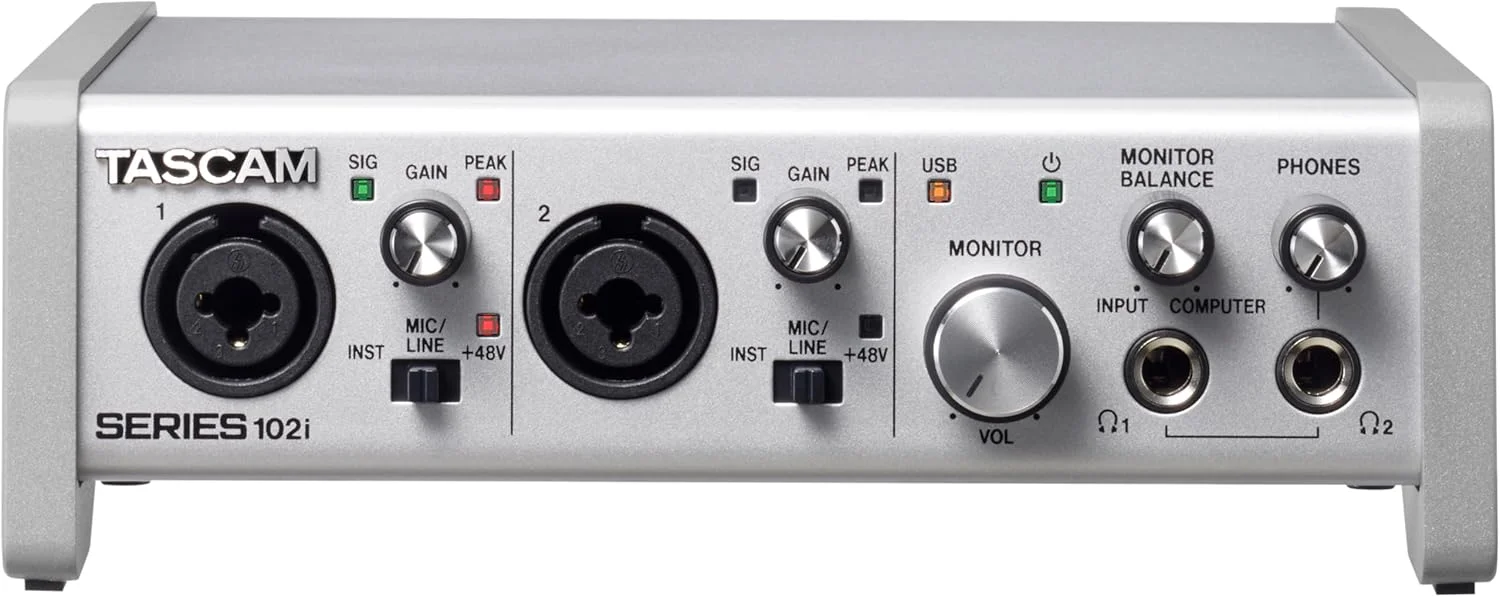 کارت صدای USB تسکم SERIES 102i با 10 ورودی/2 خروجی به همراه MIDI و نرم افزار ضبط DAW برای آهنگسازی، پادکست و ضبط صدا