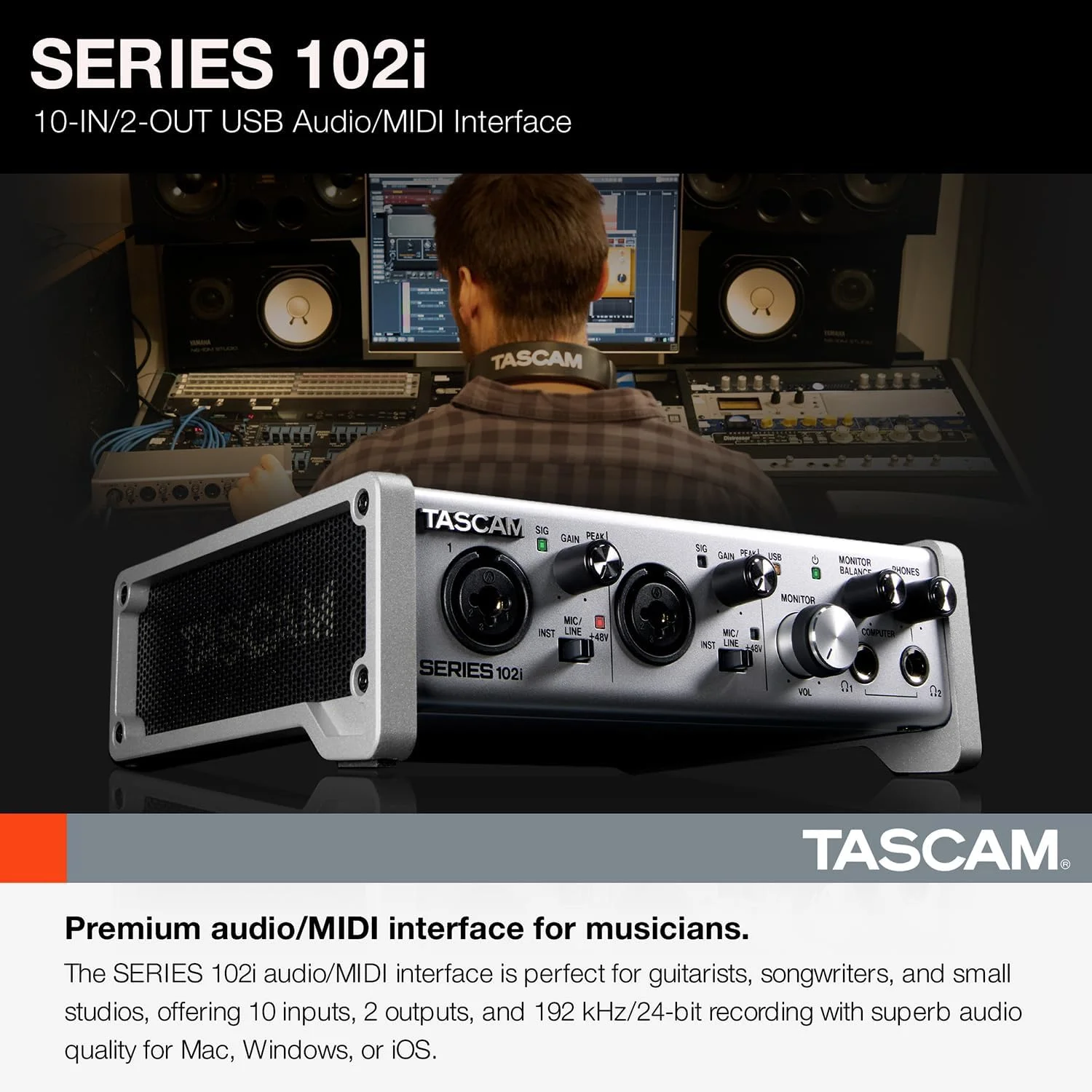 کارت صدای USB تسکم SERIES 102i با 10 ورودی/2 خروجی به همراه MIDI و نرم افزار ضبط DAW برای آهنگسازی، پادکست و ضبط صدا کارت صدای USB تسکم SERIES 102i با 10 ورودی/2 خروجی به همراه MIDI و نرم افزار ضبط DAW برای آهنگسازی، پادکست و ضبط صدا