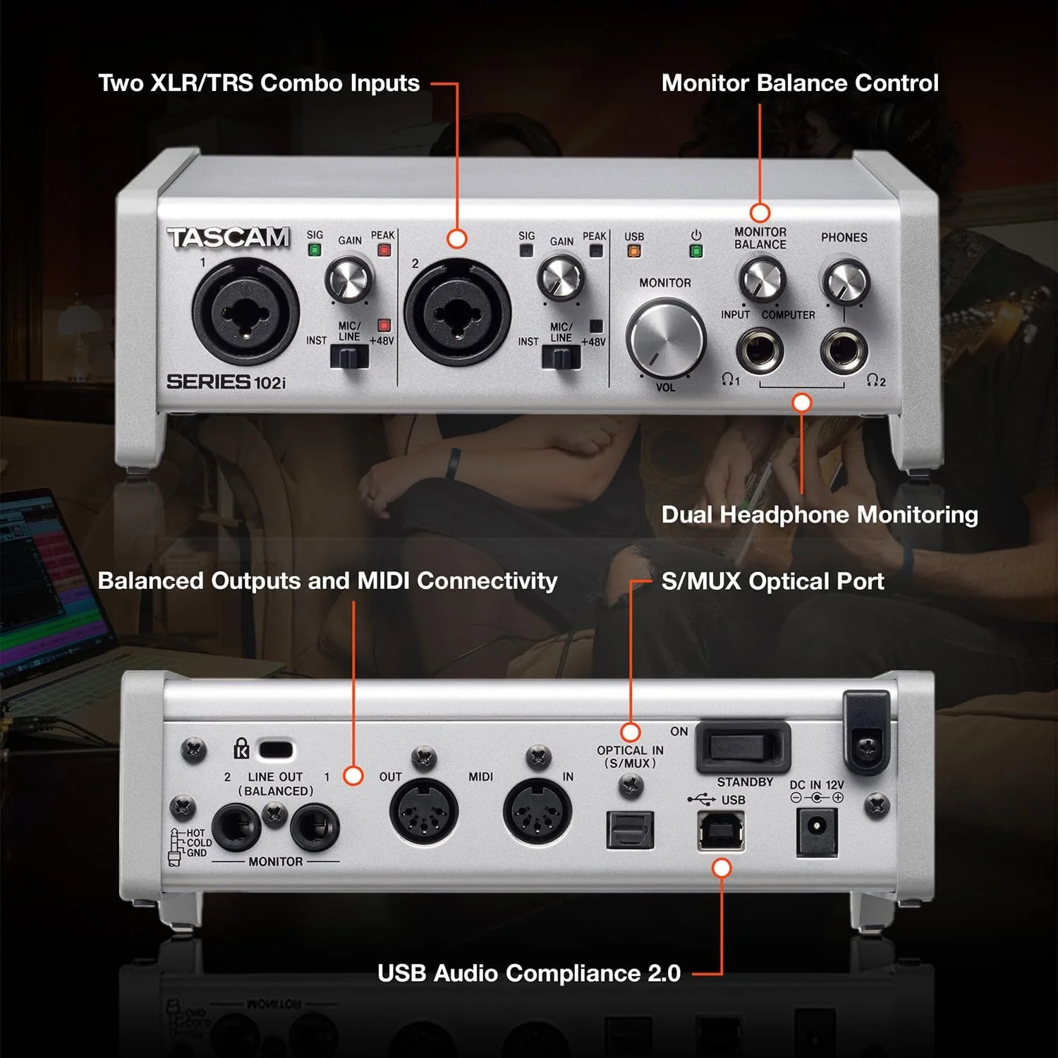 کارت صدای USB تسکم SERIES 102i با 10 ورودی/2 خروجی به همراه MIDI و نرم افزار ضبط DAW برای آهنگسازی، پادکست و ضبط صدا کارت صدای USB تسکم SERIES 102i با 10 ورودی/2 خروجی به همراه MIDI و نرم افزار ضبط DAW برای آهنگسازی، پادکست و ضبط صدا