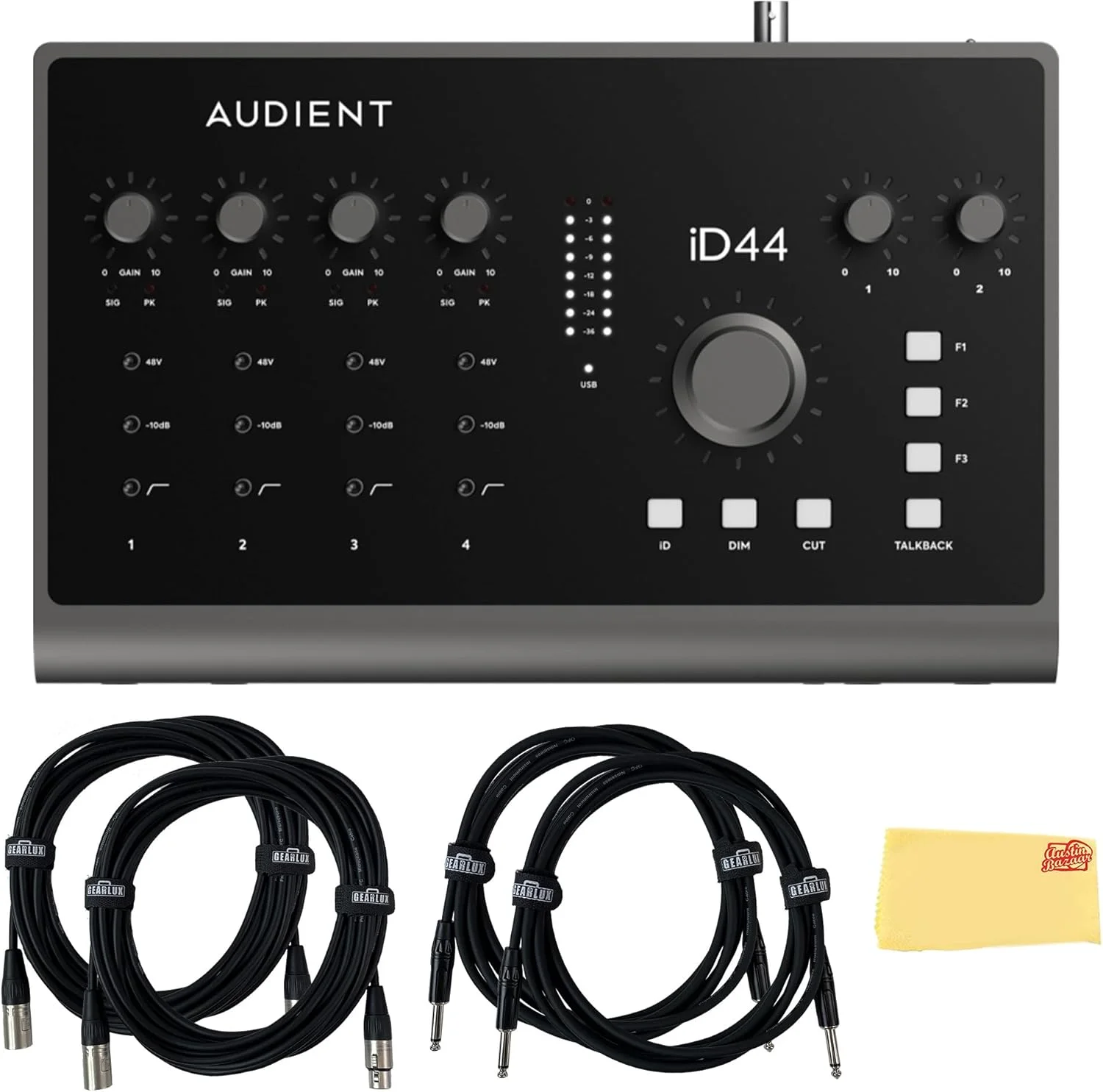 باندل کارت صدای USB آدینت ID44MKII به همراه 2 کابل ساز، 2 کابل XLR و پارچه پولیش آستین بازار