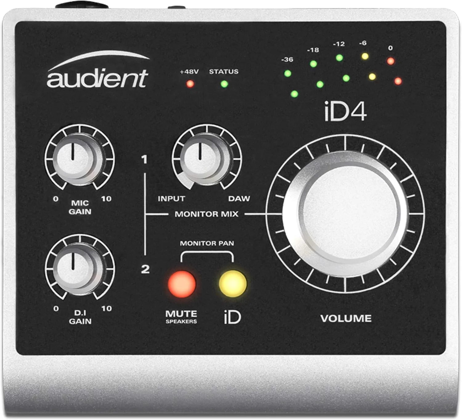 Audient iD4 USB audio interface with microphone preamplifier (2 in/ 2 out, 48 volt phantom power, monitor mix & panning, 6.3 mm jack output, AD/DA converter)