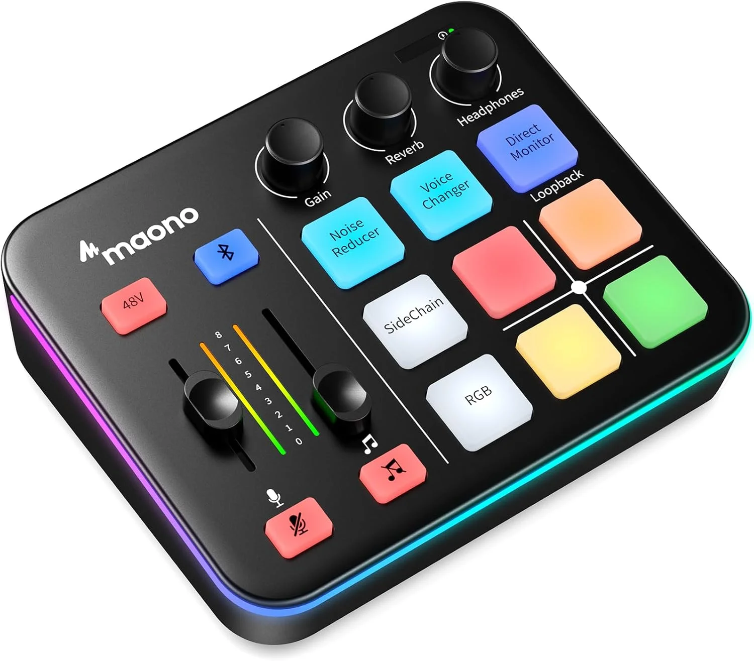 میکسر صوتی گیمینگ پادکست MAONO، میکسر RGB استریمینگ PC با رابط میکروفون XLR، بلوتوث، فیدر صدا، دکمه قطع صدا، فانتوم پاور 48 ولت، برای پادکست/ضبط/وکال/صدای بازی-G1 NEO، مشکی