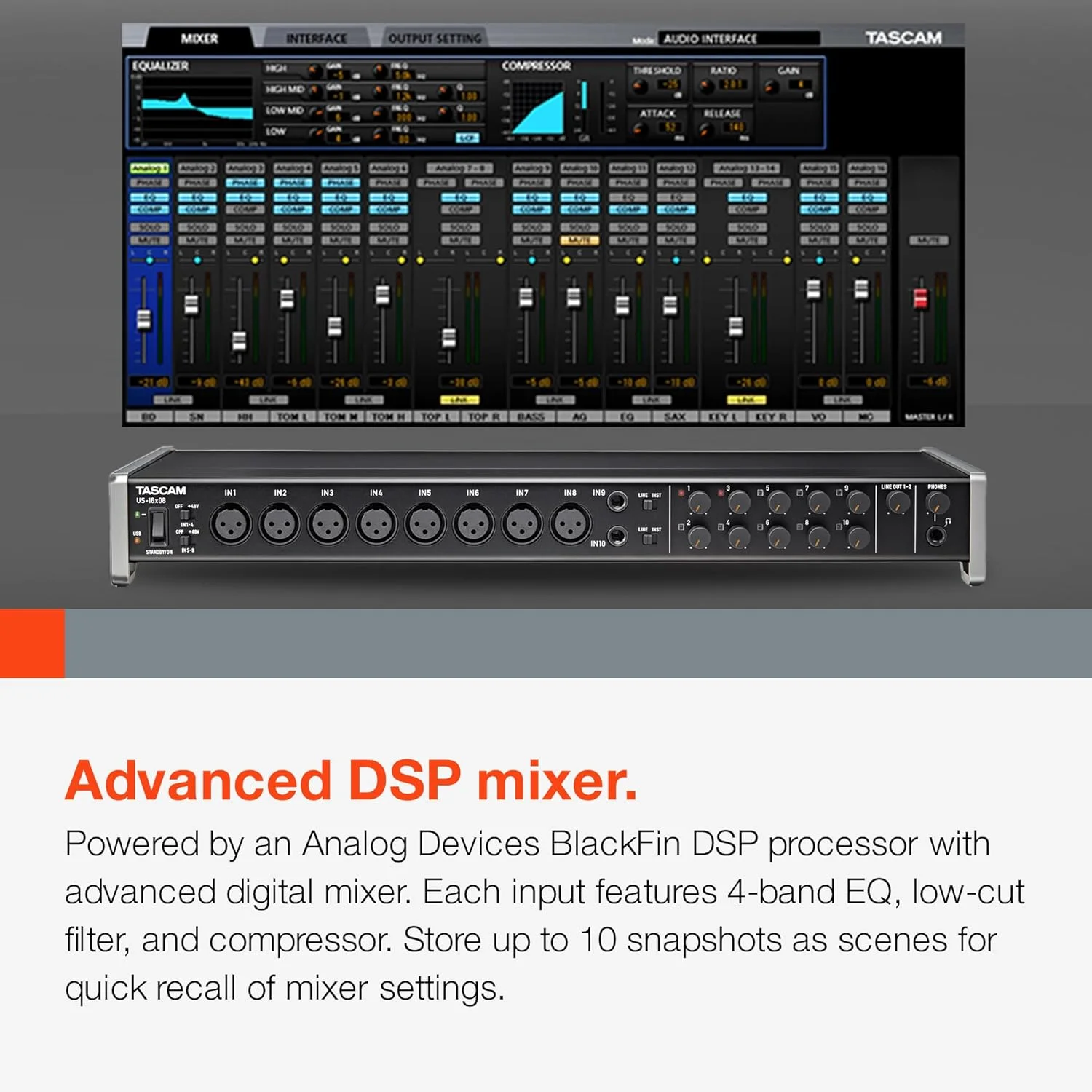 اینترفیس صوتی/MIDI USB رک مونت Tascam US-16x08