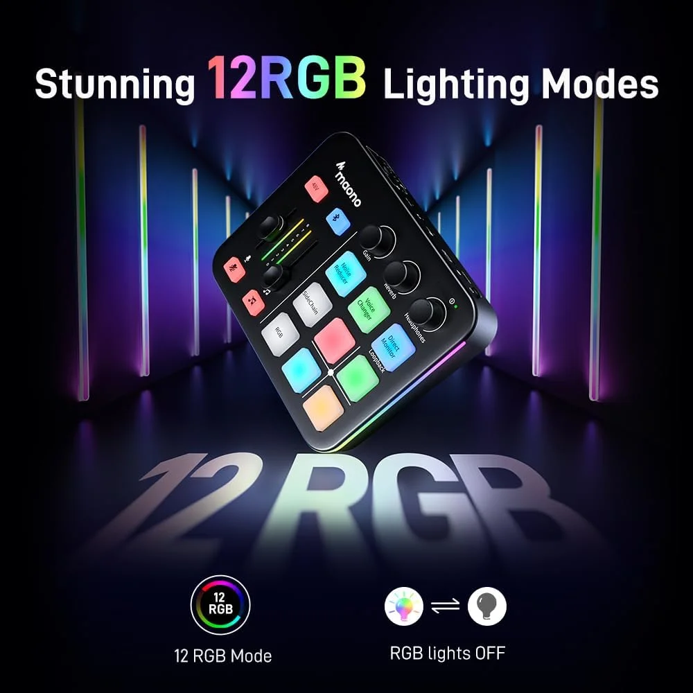 میکسر صوتی گیمینگ پادکست MAONO، میکسر RGB استریمینگ PC با رابط میکروفون XLR، بلوتوث، فیدر صدا، دکمه قطع صدا، فانتوم پاور 48 ولت، برای پادکست/ضبط/وکال/صدای بازی-G1 NEO، مشکی میکسر صوتی گیمینگ پادکست MAONO، میکسر RGB استریمینگ PC با رابط میکروفون XLR، بلوتوث، فیدر صدا، دکمه قطع صدا، فانتوم پاور 48 ولت، برای پادکست/ضبط/وکال/صدای بازی-G1 NEO، مشکی