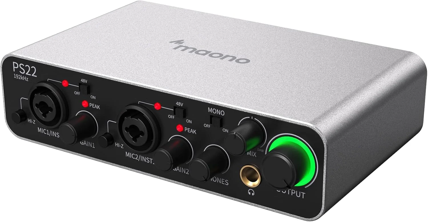 کارت صدای Maono، میکسر صوتی USB با پری امپ 60 دسی بل، 24 بیت/192 کیلوهرتز با صدای با کیفیت استودیویی برای ضبط، تولید موسیقی، گیتار، مک، کامپیوتر، تلفن هوشمند (PS22) مشکی
