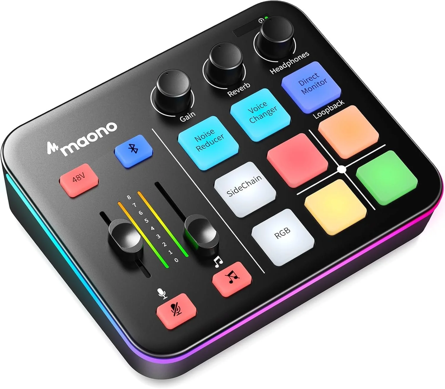 میکسر صوتی گیمینگ MAONO، کارت صدا با پیش تقویت کننده حرفه ای، RGB، بلوتوث، فانتوم پاور 48 ولت برای پخش زنده، پادکست، تولید محتوا، بازی MaonoCaster G1 NEO (مشکی)