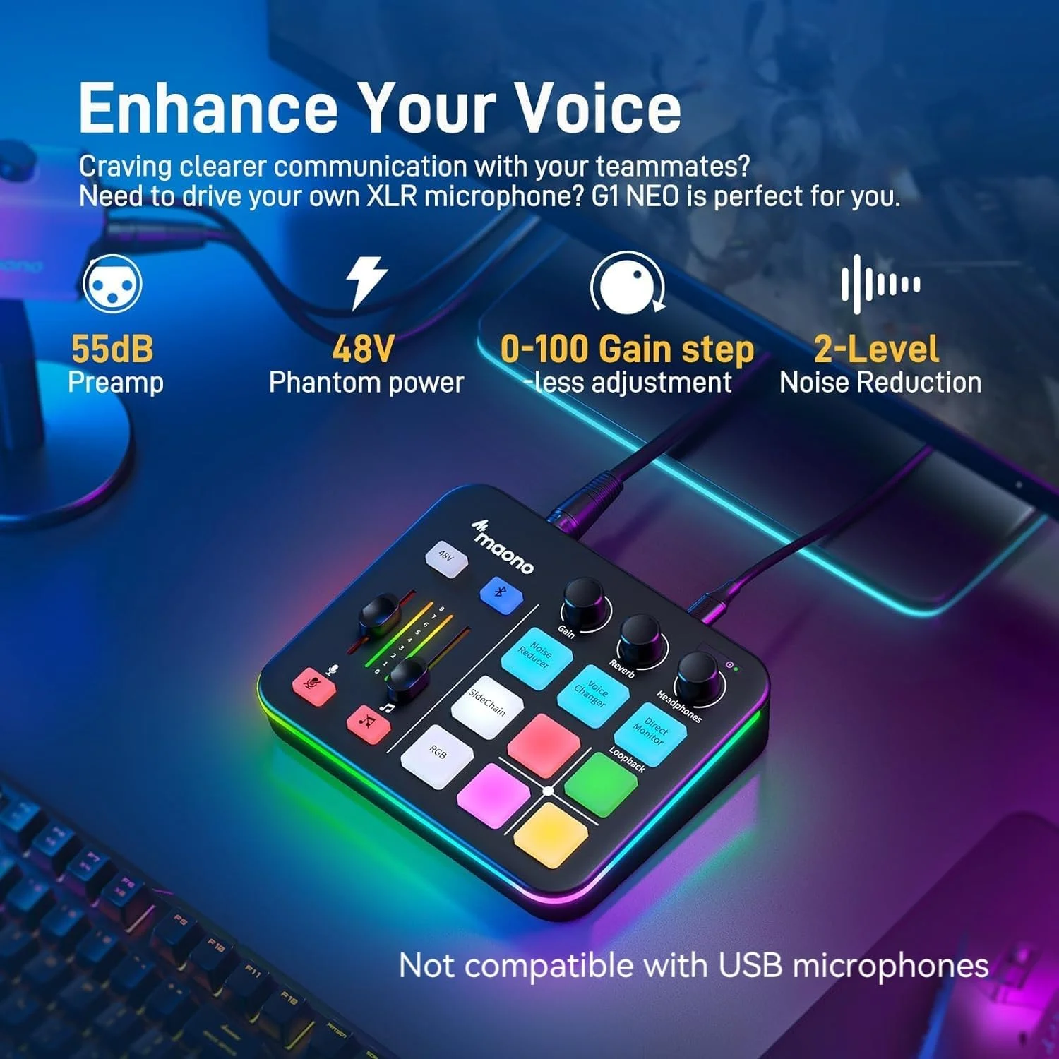 میکسر صوتی گیمینگ MAONO، کارت صدا با پیش تقویت کننده حرفه ای، RGB، بلوتوث، فانتوم پاور 48 ولت برای پخش زنده، پادکست، تولید محتوا، بازی MaonoCaster G1 NEO (مشکی)
