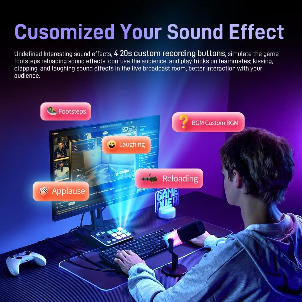 میکسر صوتی گیمینگ MAONO، کارت صدا با پیش تقویت کننده حرفه ای، RGB، بلوتوث، فانتوم پاور 48 ولت برای پخش زنده، پادکست، تولید محتوا، بازی MaonoCaster G1 NEO (مشکی)