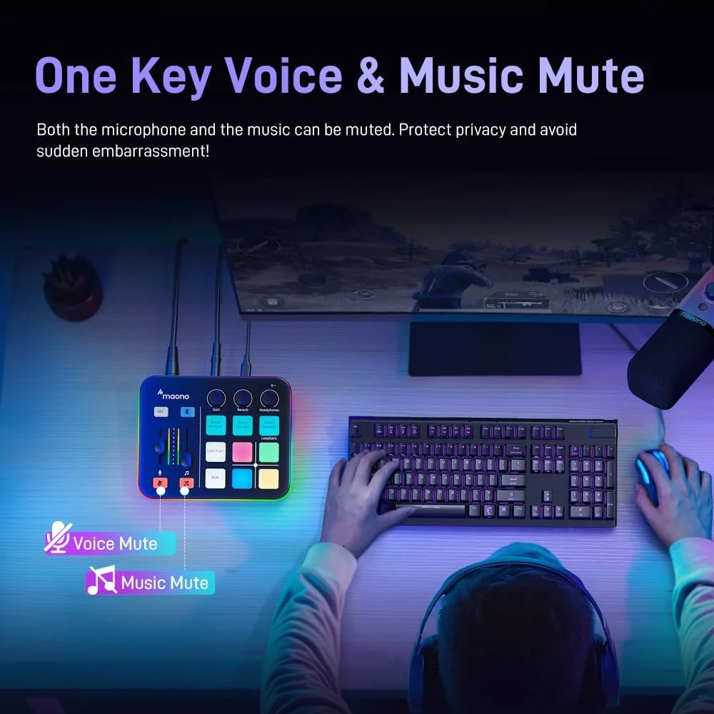 میکسر صوتی گیمینگ MAONO، کارت صدا با پیش تقویت کننده حرفه ای، RGB، بلوتوث، فانتوم پاور 48 ولت برای پخش زنده، پادکست، تولید محتوا، بازی MaonoCaster G1 NEO (مشکی)