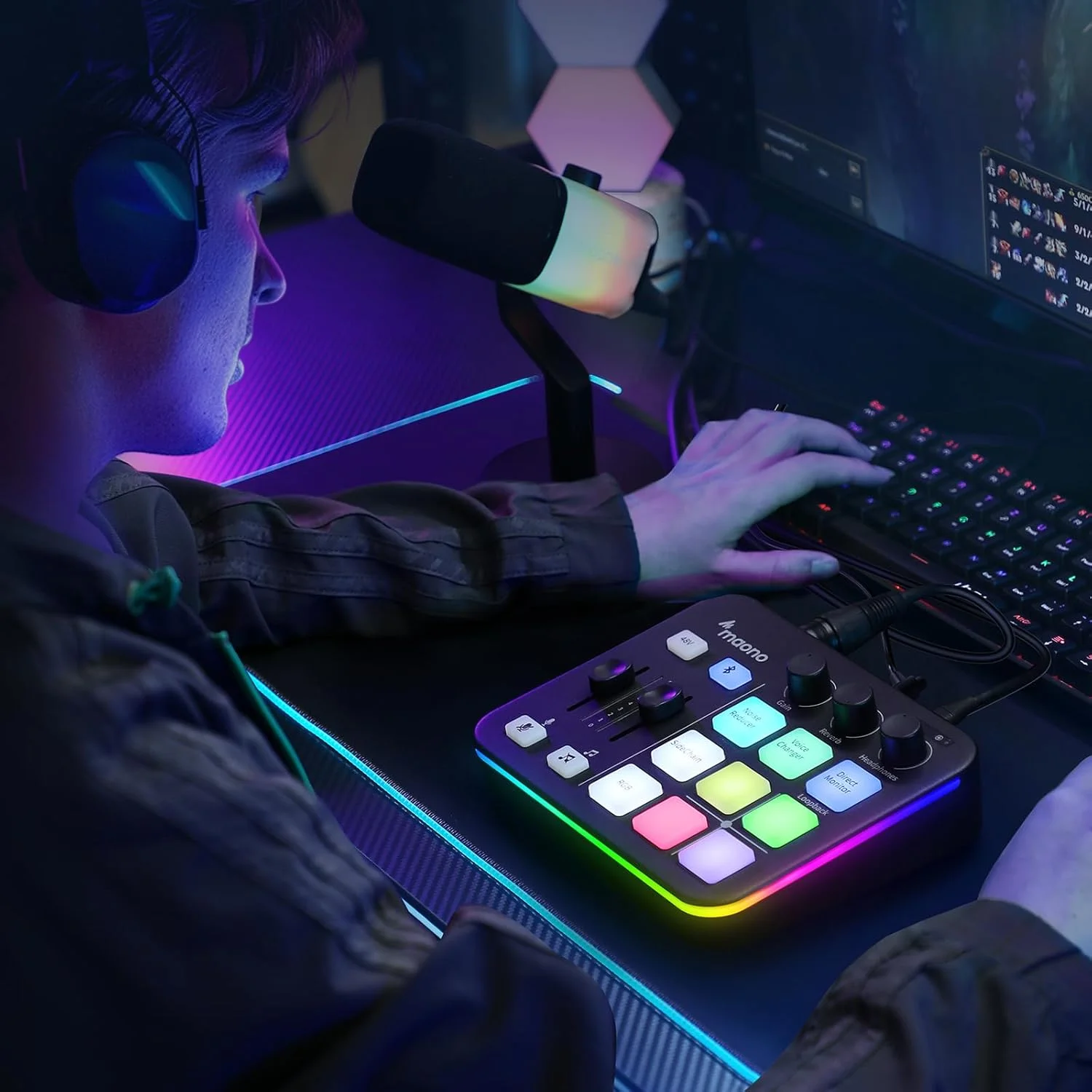 میکسر صوتی گیمینگ MAONO، کارت صدا با پیش تقویت کننده حرفه ای، RGB، بلوتوث، فانتوم پاور 48 ولت برای پخش زنده، پادکست، تولید محتوا، بازی MaonoCaster G1 NEO (مشکی)