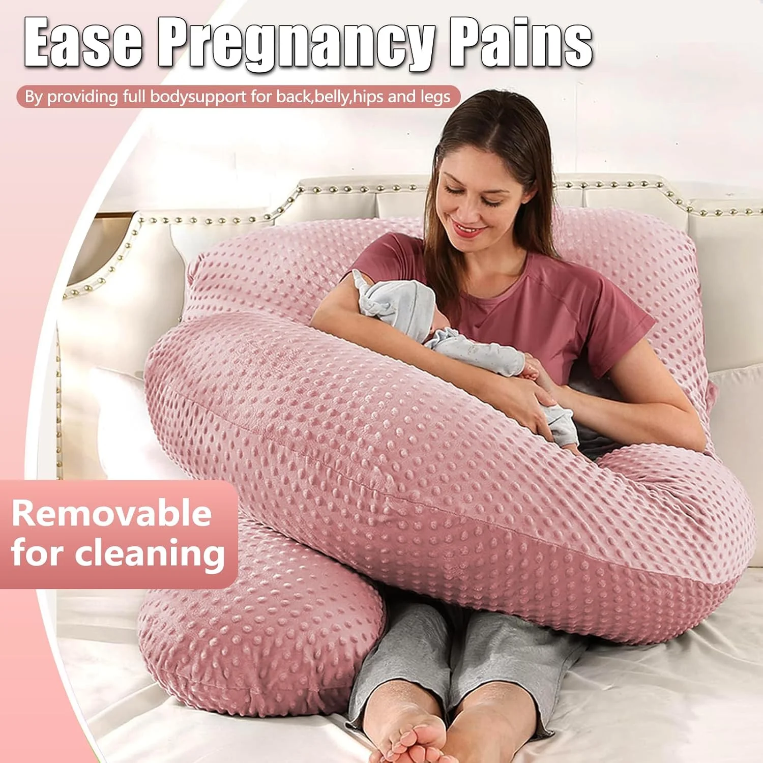بالش بارداری LIODUX مدل 180CM، بالش بارداری U شکل 3 کیلوگرمی، بالش بارداری تمام بدن فوق العاده بزرگ برای زنان با روکش مخملی قابل تعویض و شستشو (صورتی روشن)