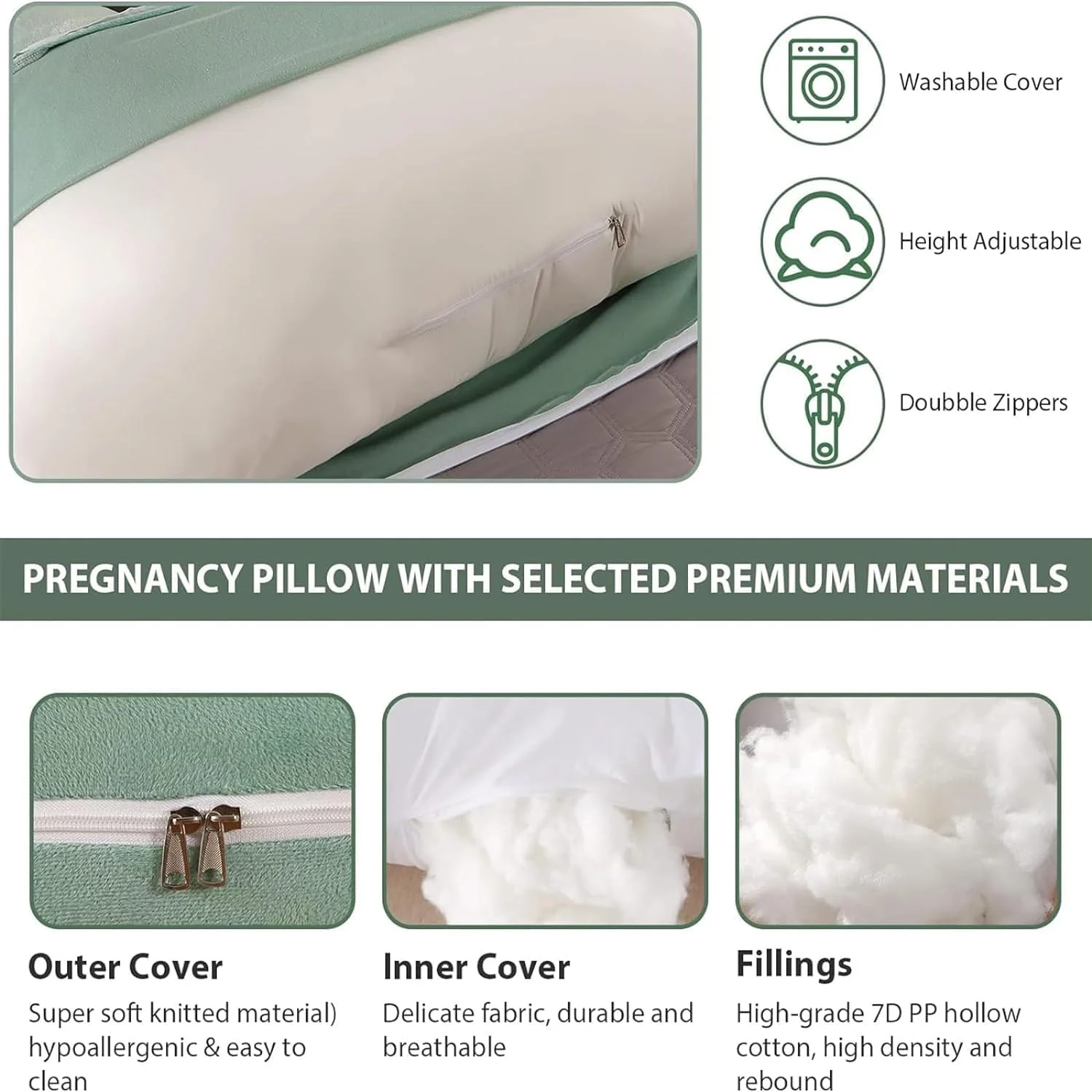 بالش بارداری LUCKY-D با روکش قابل جدا شدن، بالش بارداری U شکل 180 سانتی متری با روکش قابل جدا شدن، بالش تمام بدن برای حمایت از کمر، باسن، پاها، شکم (1، فلانل سبز روشن)