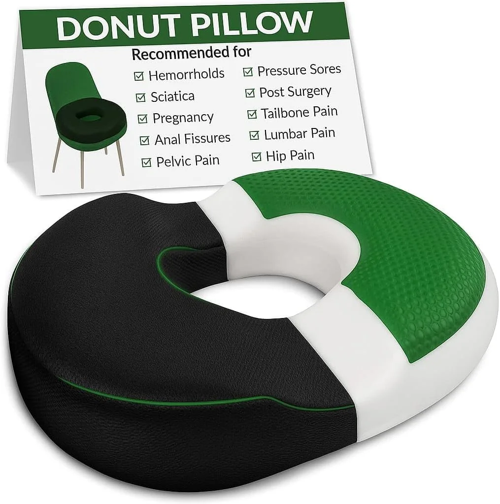 بالش دوناتی برای تسکین درد دنبالچه، کمر و باسن - کوسن صندلی مموری فوم برای هموروئید، سیاتیک، بارداری - پشتیبانی ارتوپدی دنبالچه برای دفتر، ماشین، ویلچر - روکش قابل شستشو
