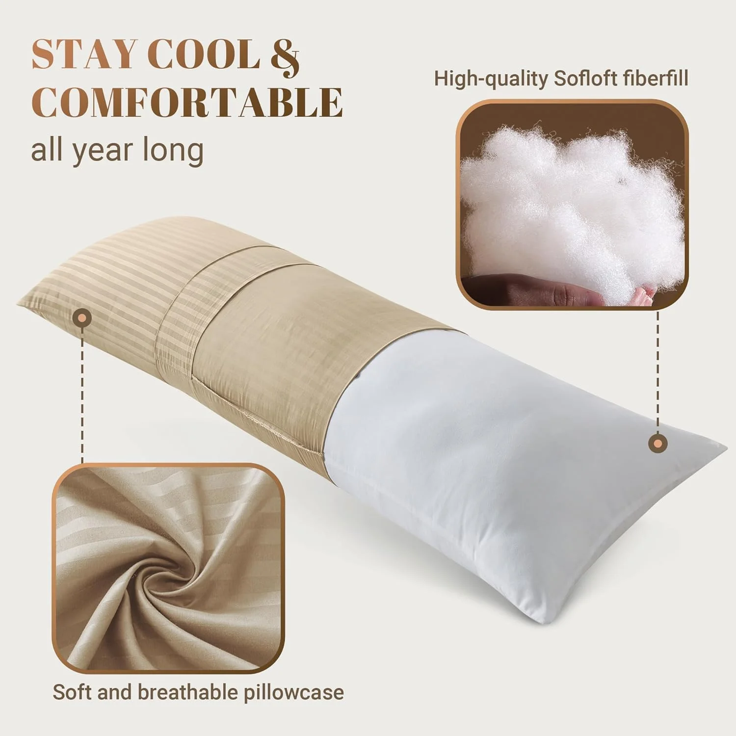 بالش بدنی بلند هتل لاینن دیپ اسلیپ، 1 عدد، جنس: 100% پلی استر میکروفایبر 85 GSM راه راه 1 سانتی متری فوق العاده نرم، اندازه 45 × 120 سانتی متر (سفید، 45 × 120 سانتی متر)