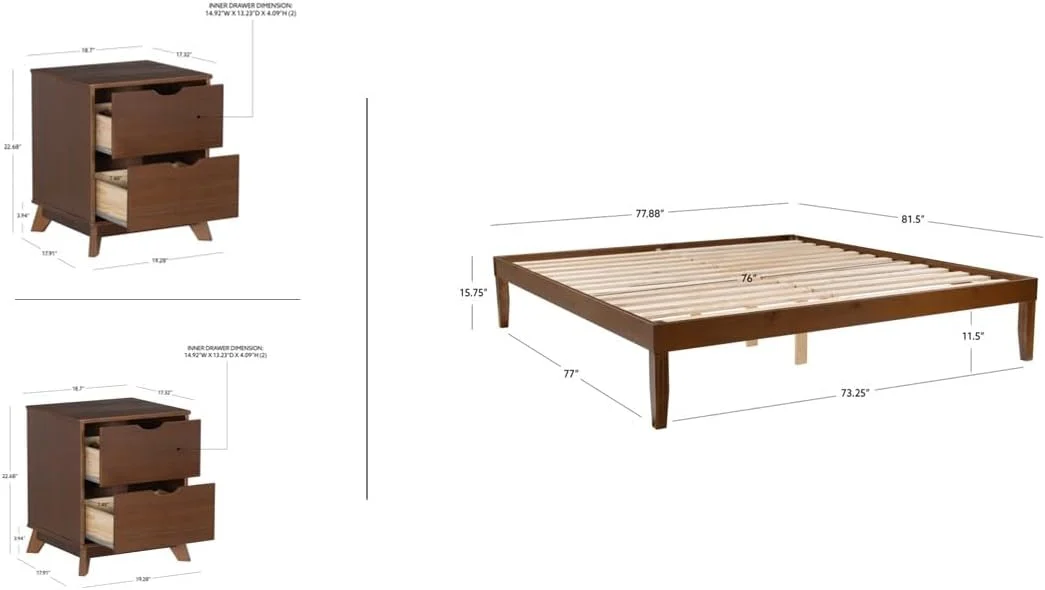 Powell Walnut Linon Fordham Solid Pine Wood King Sized Platform Bed with Set of 2 Two Drawer Nightstands Powell Walnut Linon Fordham Solid Pine Wood King Sized Platform Bed with Set of 2 Two Drawer Nightstands