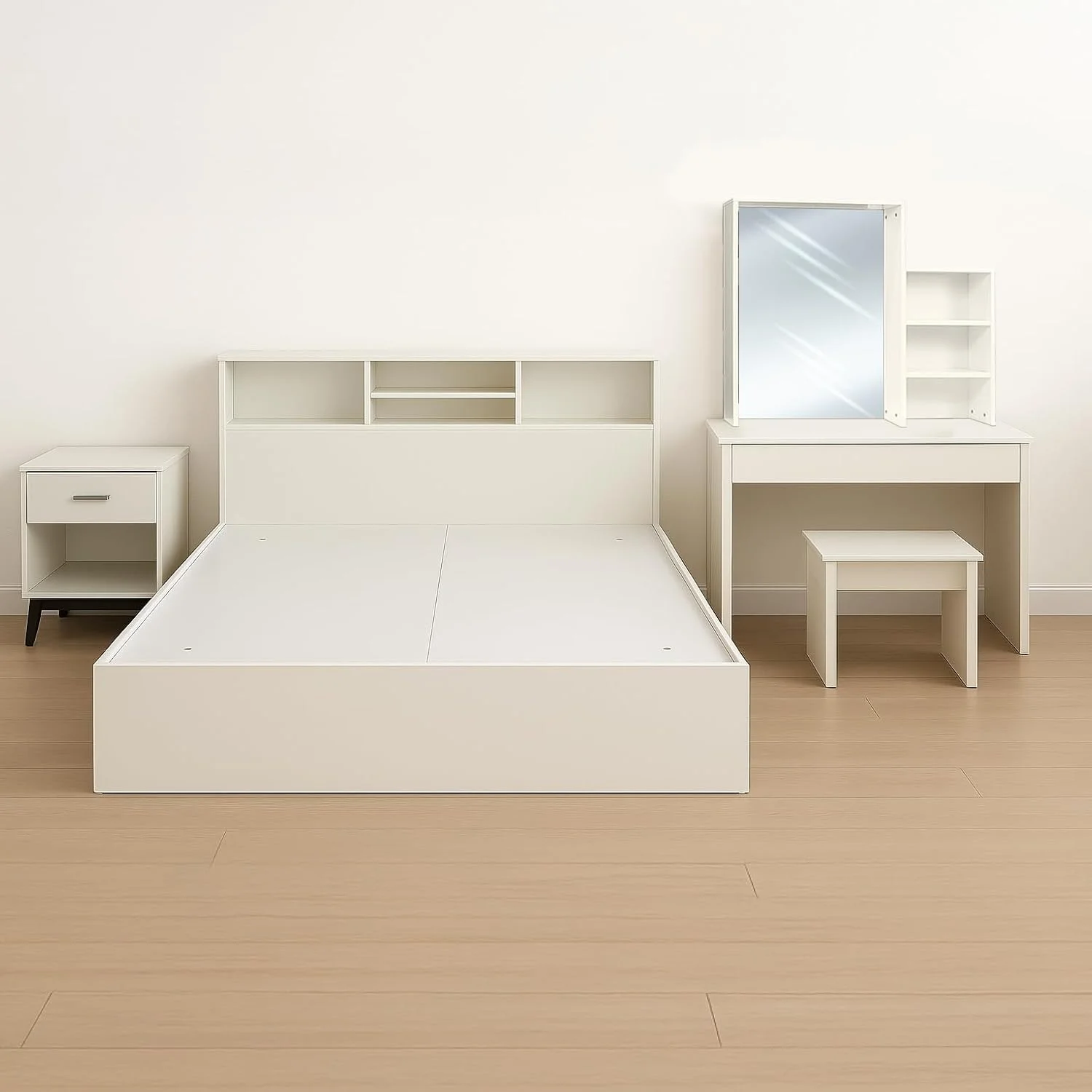 مجموعه مبلمان اتاق خواب مدرن RIGID – تخت MDF سفید با فضای ذخیره سازی تاج تخت، میز کنار تختی با کشو، میز آرایش با آینه، قفسه و صندلی، بدنه سفید و پایه های مشکی