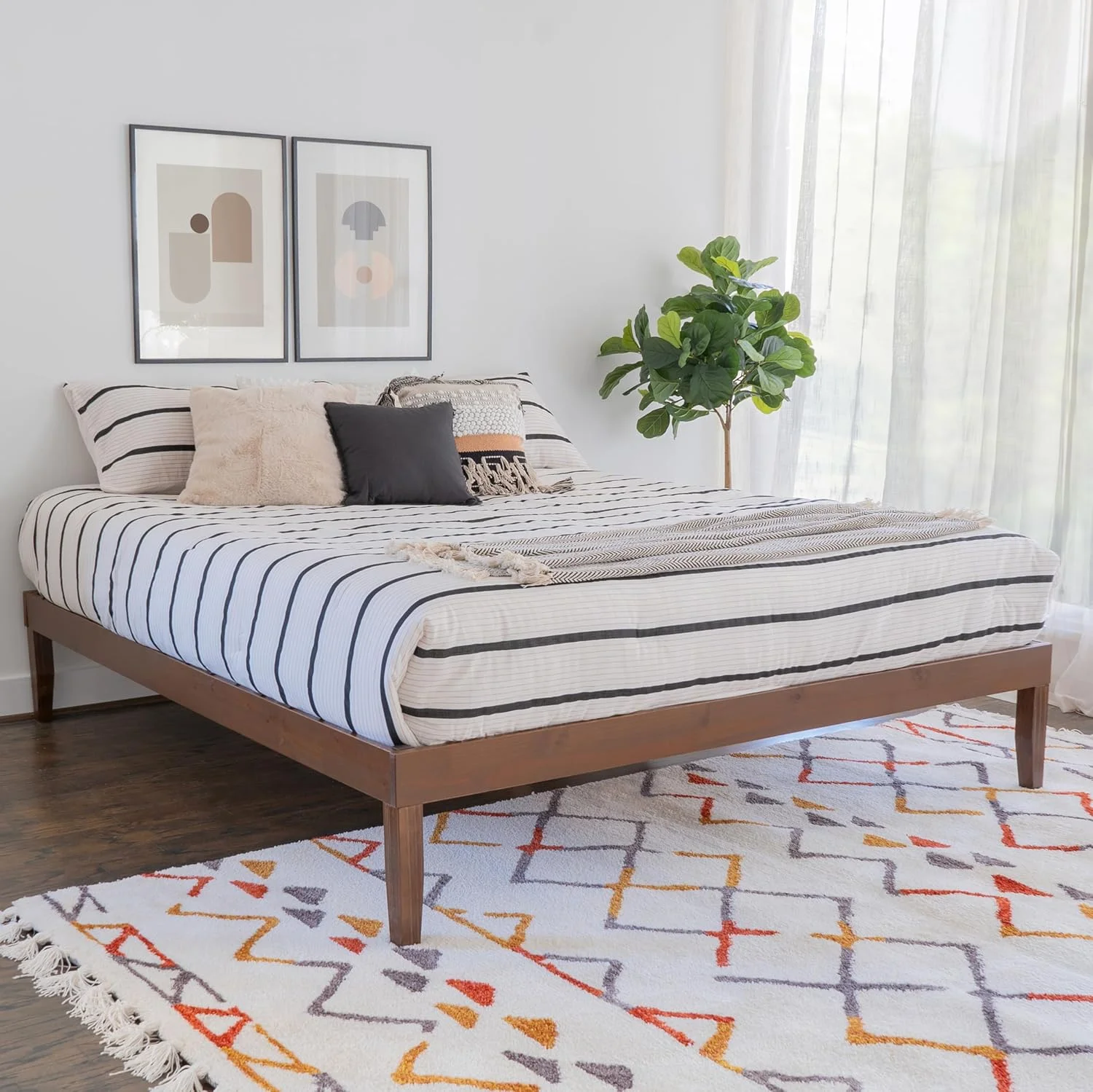 Powell Walnut Linon Fordham Solid Pine Wood King Sized Platform Bed with Set of 2 Two Drawer Nightstands Powell Walnut Linon Fordham Solid Pine Wood King Sized Platform Bed with Set of 2 Two Drawer Nightstands