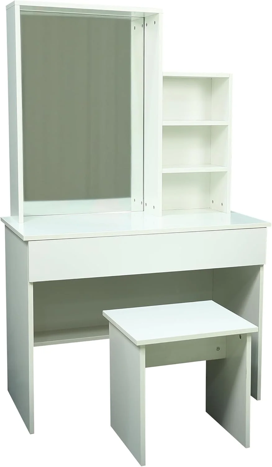 مجموعه مبلمان اتاق خواب مدرن RIGID – تخت MDF سفید با فضای ذخیره سازی تاج تخت، میز کنار تختی با کشو، میز آرایش با آینه، قفسه و صندلی، بدنه سفید و پایه های مشکی