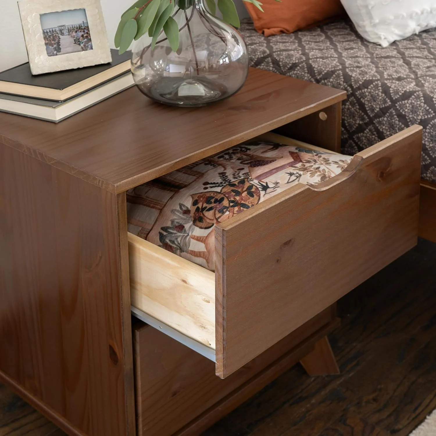 Powell Walnut Linon Fordham Solid Pine Wood King Sized Platform Bed with Set of 2 Two Drawer Nightstands Powell Walnut Linon Fordham Solid Pine Wood King Sized Platform Bed with Set of 2 Two Drawer Nightstands