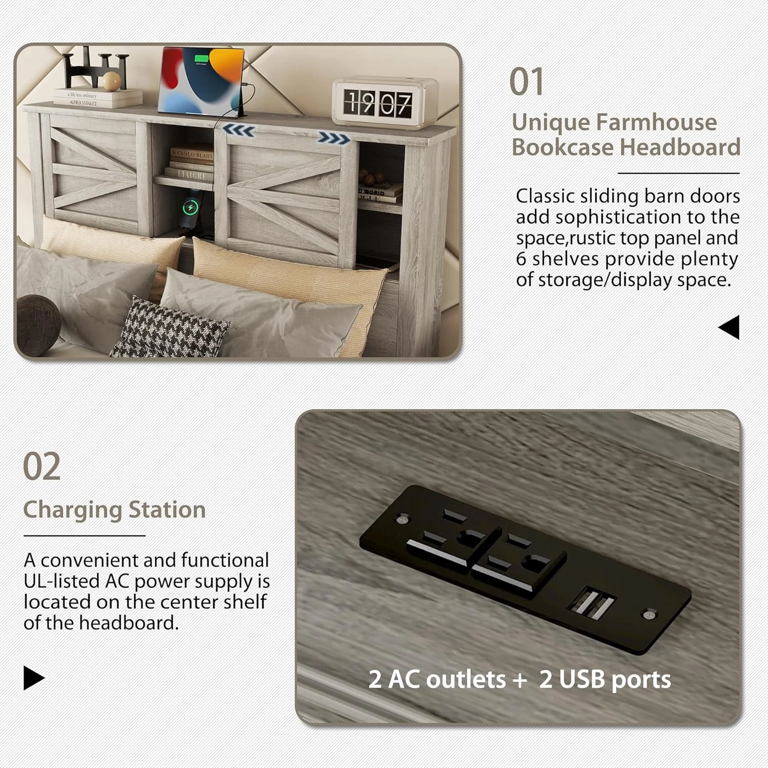 ست مبلمان اتاق خواب سایز کامل SOFTSEA، تخت خواب پلت فرم سایز کامل با میز کنار تختی و دراور، تخت خواب پلت فرم چوبی با تاج تخت دارای درب کشویی دوتایی، ست 3 تکه اتاق خواب، خاکستری