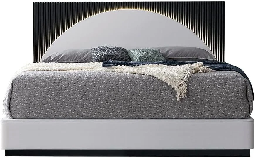 تخت خواب کینگ 180x200 دانوب هوم مدل اوندا به همراه 2 پاتختی و میز آرایش + آینه با LED | ست تخت خواب با طراحی مدرن، قوی و مستحکم | تخت خواب آرام و راحت | ساخت مالزی - مشکی/سفید