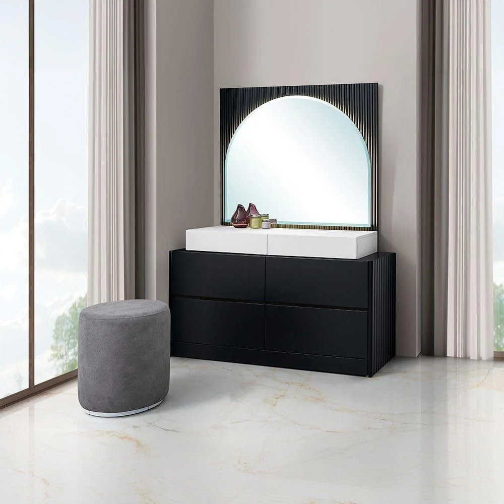 تخت خواب کینگ 180x200 دانوب هوم مدل اوندا به همراه 2 پاتختی و میز آرایش + آینه با LED | ست تخت خواب با طراحی مدرن، قوی و مستحکم | تخت خواب آرام و راحت | ساخت مالزی - مشکی/سفید