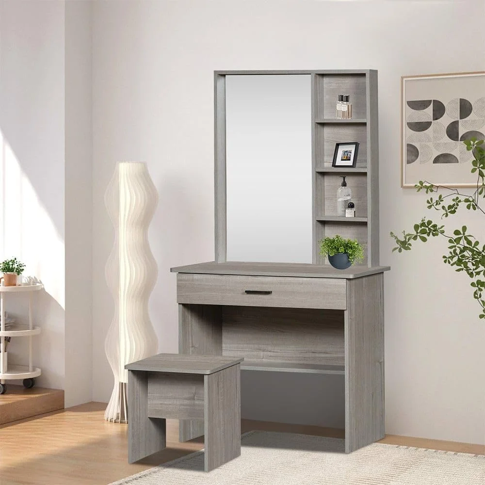 سرویس خواب 5 تکه دونوم هوم مدل Gamorah سایز کینگ + پاتختی + میز آرایش و صندلی با آینه | سرویس خواب کامل و راحت | ست مبلمان اتاق خواب چوبی با طراحی مدرن و مستحکم (خاکستری، کینگ)