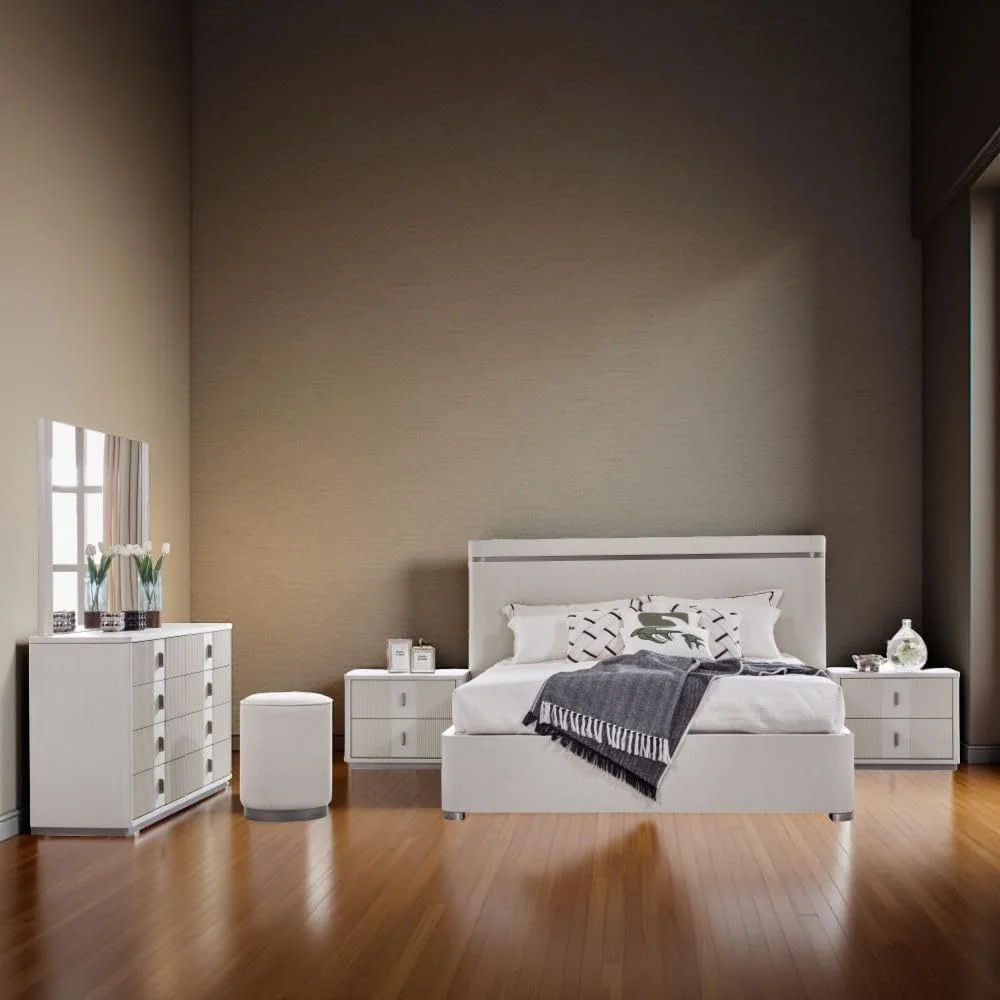 تخت خواب کینگ 180x200 مدل Aries دانوب هوم به همراه 2 پاتختی، میز آرایش با آینه و صندلی | ست کامل تخت خواب راحت | ست مبلمان اتاق خواب چوبی با طراحی مدرن و مستحکم - روکش بلوطی بژ روشن