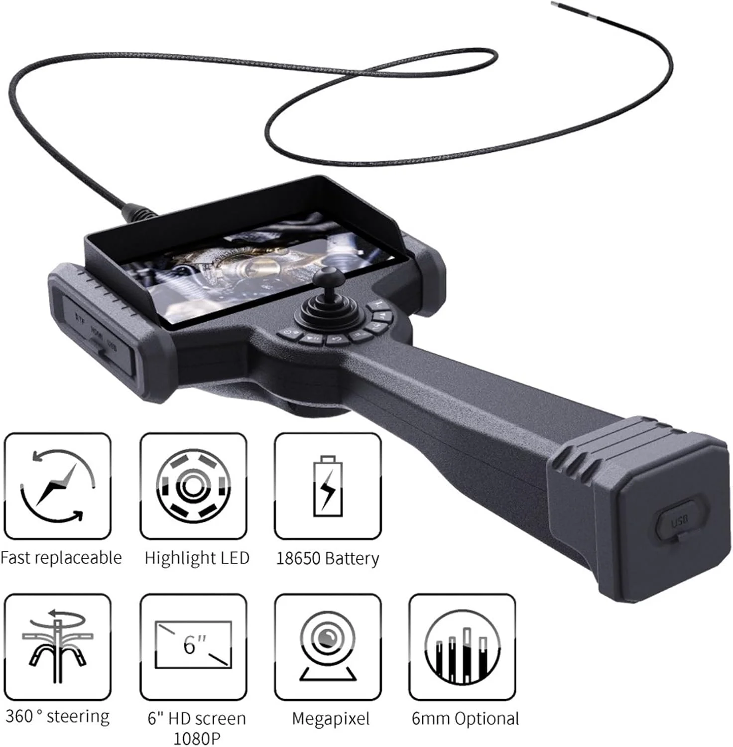 دوربین بازرسی آندوسکوپی DYDXFDSLF، بورسکوپ ویدیویی خودرو 6 میلی متری، آندوسکوپ خودکار با چرخش 360 درجه، دوربین ویدئوسکوپ HD با صفحه لمسی IP67