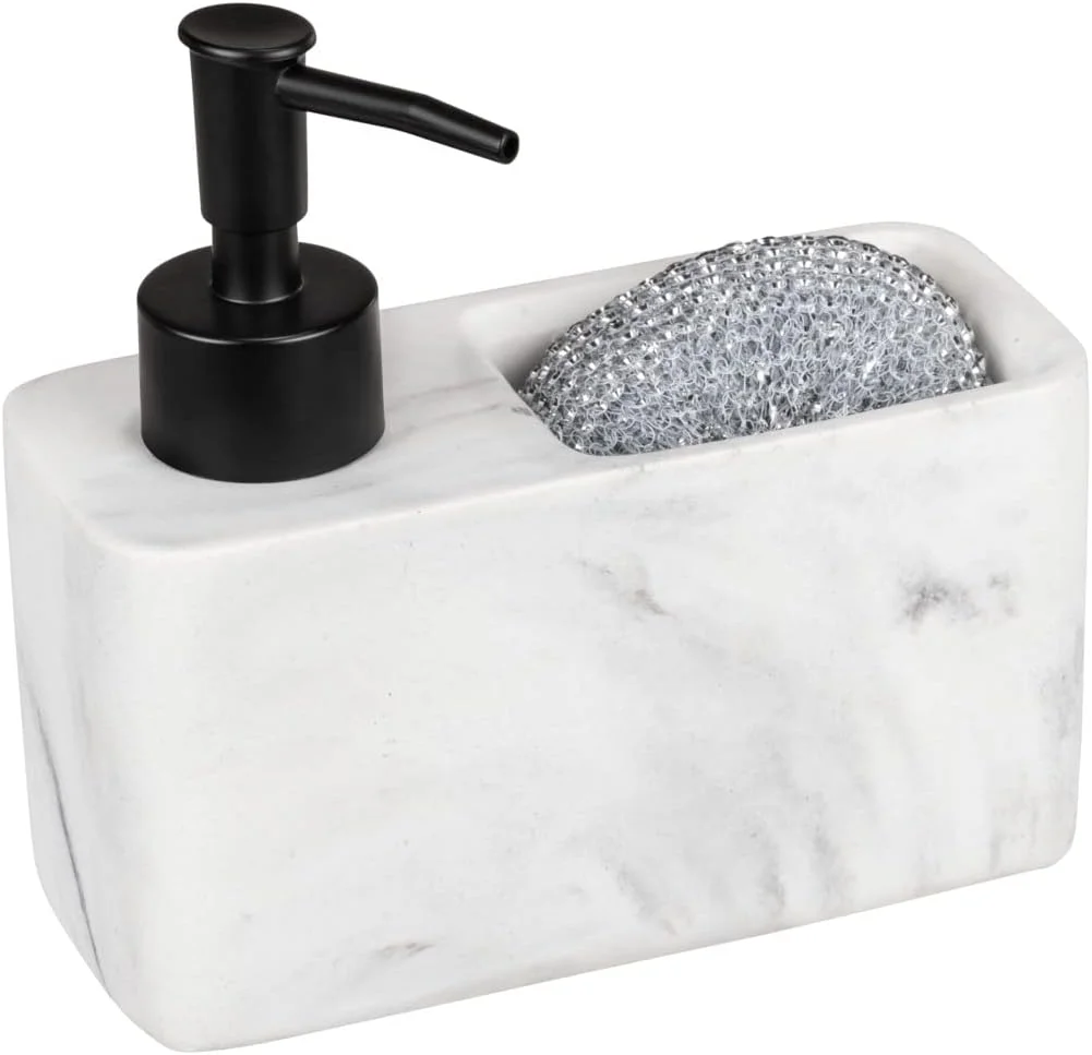 ظرف مایع ظرفشویی WENKO مدل Resa، جا مایع ظرفشویی آشپزخانه با طرح مرمر و محفظه اسفنج، قابل پر کردن مجدد، ظرفیت تقریباً 150 میلی لیتر، 14.5 x 14.3 x 6 سانتی متر، سفید/مشکی