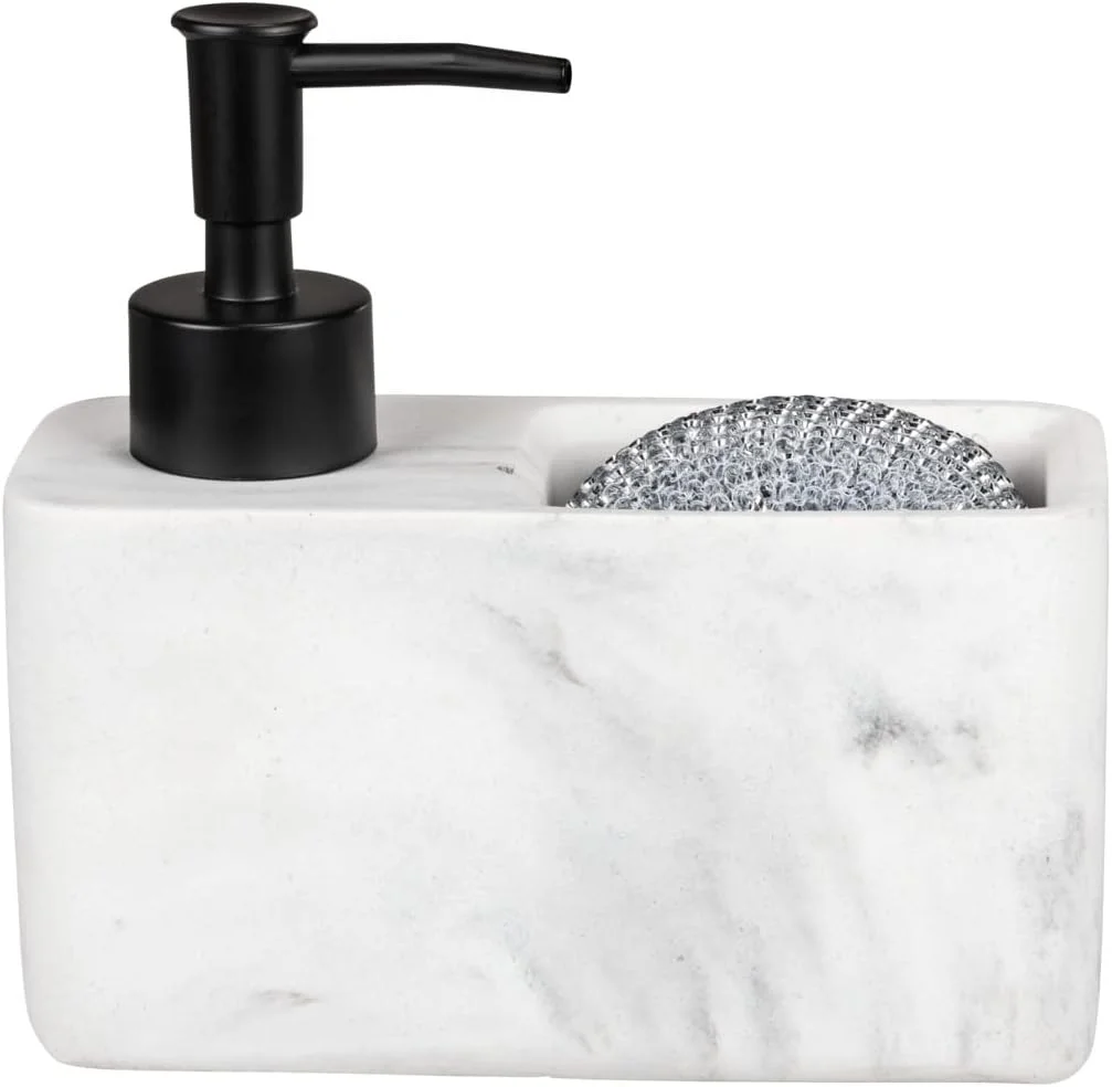 ظرف مایع ظرفشویی WENKO مدل Resa، جا مایع ظرفشویی آشپزخانه با طرح مرمر و محفظه اسفنج، قابل پر کردن مجدد، ظرفیت تقریباً 150 میلی لیتر، 14.5 x 14.3 x 6 سانتی متر، سفید/مشکی