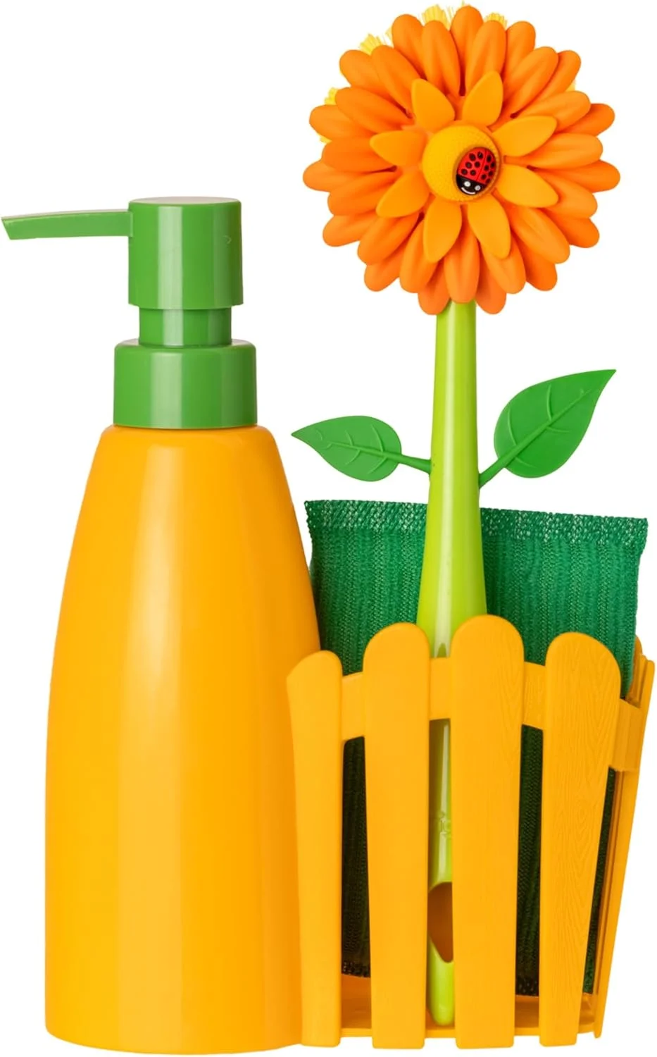 ست کنار سینک طرح گل ویگار شامل برس، اسفنج و جای مایع ظرفشویی، 26 سانتی متر، نارنجی