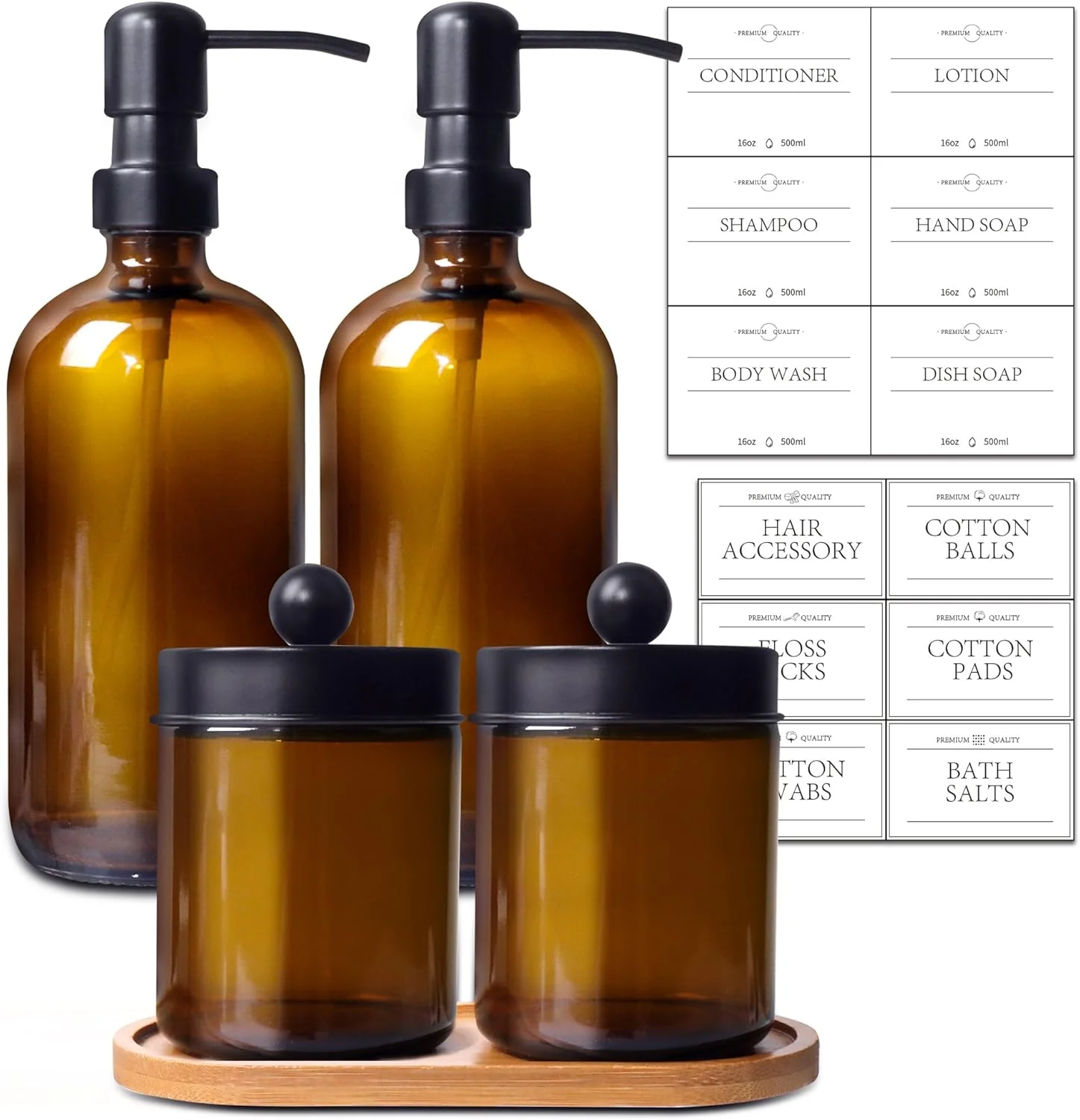 ست لوازم جانبی حمام UrSpeedtekLive، 5 تکه، 2 عدد جا مایع شیشه ای کهربایی 473 میلی لیتری با پمپ های استیل ضد زنگ، 2 عدد جا گوش پاک کن با برچسب های ضد آب و سینی بامبو ست لوازم جانبی حمام UrSpeedtekLive، 5 تکه، 2 عدد جا مایع شیشه ای کهربایی 473 میلی لیتری با پمپ های استیل ضد زنگ، 2 عدد جا گوش پاک کن با برچسب های ضد آب و سینی بامبو