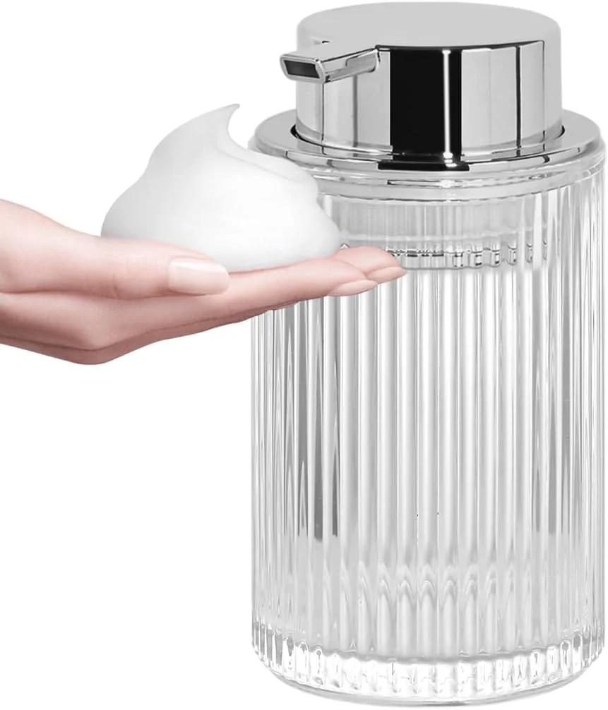 دیسپنسر فوم صابون توناکسوس، دیسپنسر صابون دستی شیشه‌ای ضخیم ۱۱ اونسی، بطری پمپ فوم شیشه‌ای قابل پر کردن، بطری باریک دنده‌ای تزئینی برای حمام و آشپزخانه (۱، نقره‌ای شفاف)