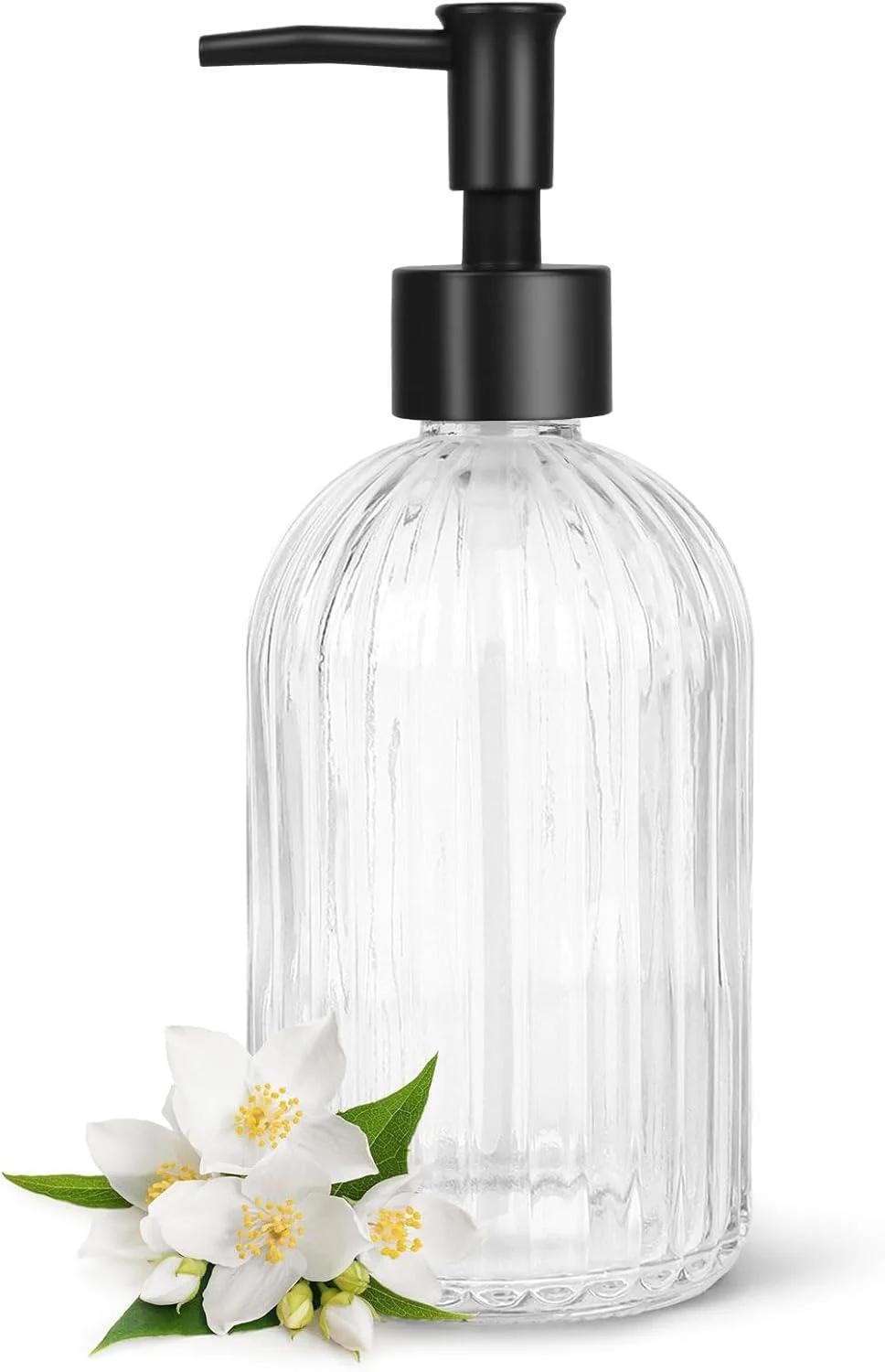 دیسپنسر صابون شیشه‌ای تاپ‌اسکای با پمپ پلاستیکی، ۴۰۰ میلی‌لیتر، ضد زنگ برای آشپزخانه و حمام، مناسب برای لوسیون، روغن‌های ضروری، مایع صابون، شفاف