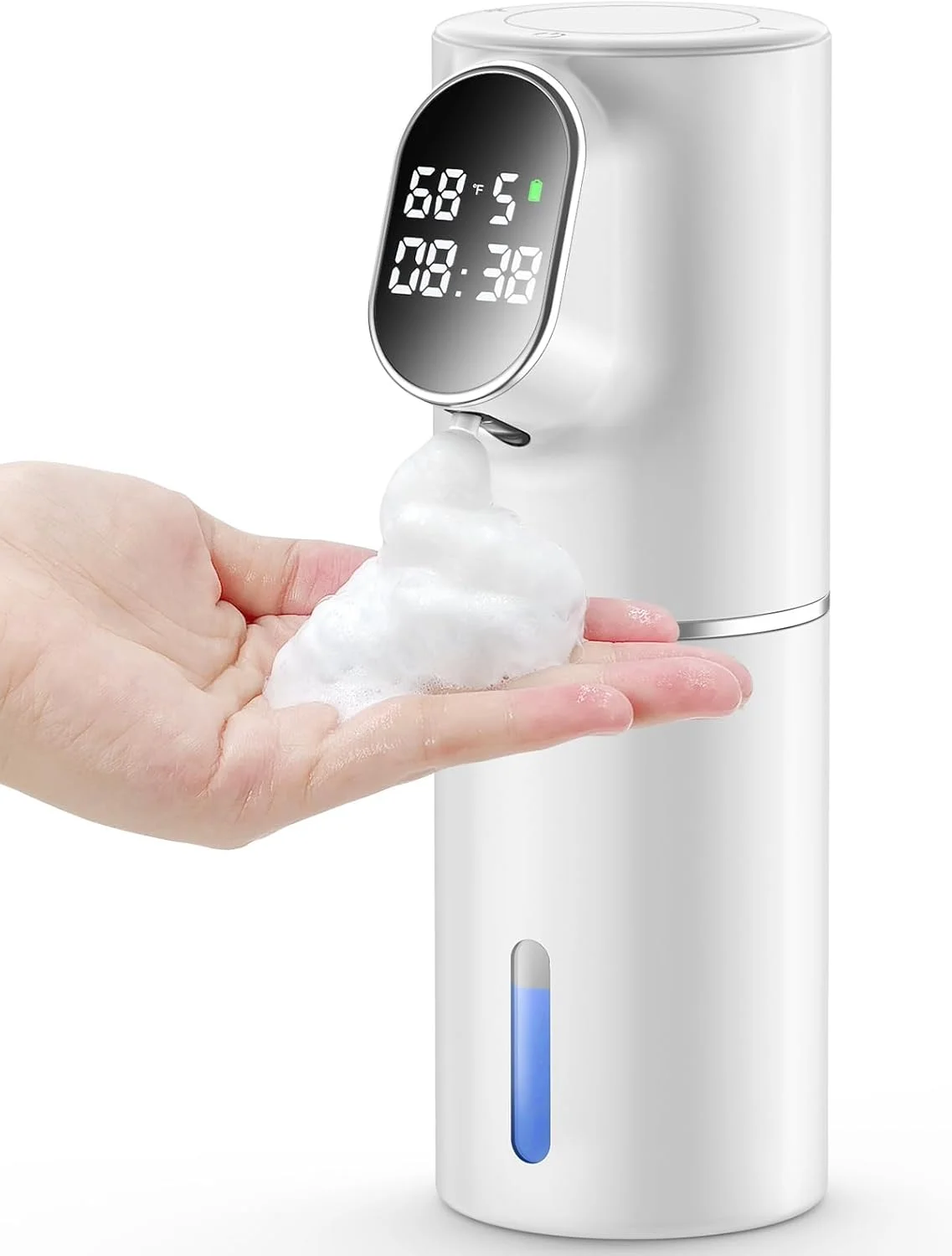 دستگاه صابون فوم ساز اتوماتیک TERRIFI، فوم قابل تنظیم در 5 سطح، ضد آب IPX6، قابل شارژ با نمایشگر زمان و دما، دستگاه صابون بدون لمس برای حمام و آشپزخانه، سفید