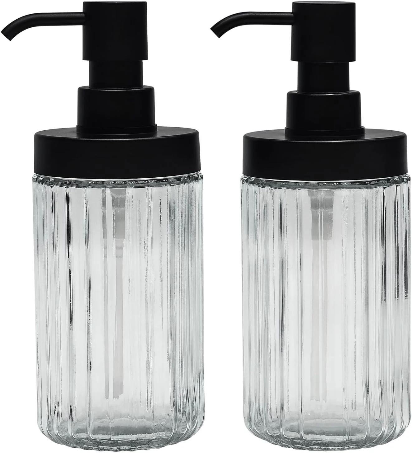 ست ۲ عددی دیسپنسر صابون شیشه‌ای شیاردار Suanti Premium برای سینک حمام و آشپزخانه، بطری صابون دهانه گشاد با پمپ مشکی مات برای صابون مایع دست و ظرف، ژل دوش، شامپو - ۴۲۵ میلی‌لیتر، شفاف