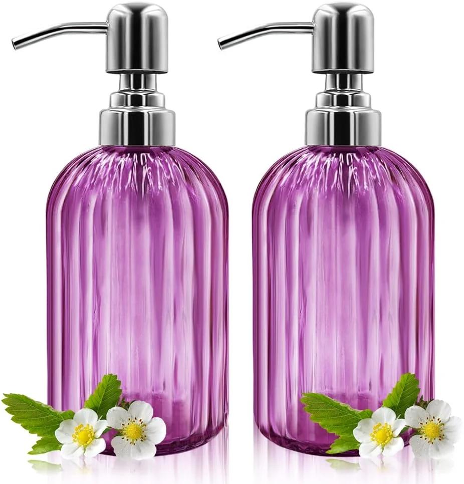 دیسپنسر صابون - بسته 2 عددی دیسپنسر صابون شیشه‌ای 14 اونسی با پمپ استیل ضد زنگ، بطری مایع قابل پر کردن مجدد، دیسپنسر شیشه‌ای دست ساز لوکس برای حمام، آشپزخانه، پیشخوان (بنفش)