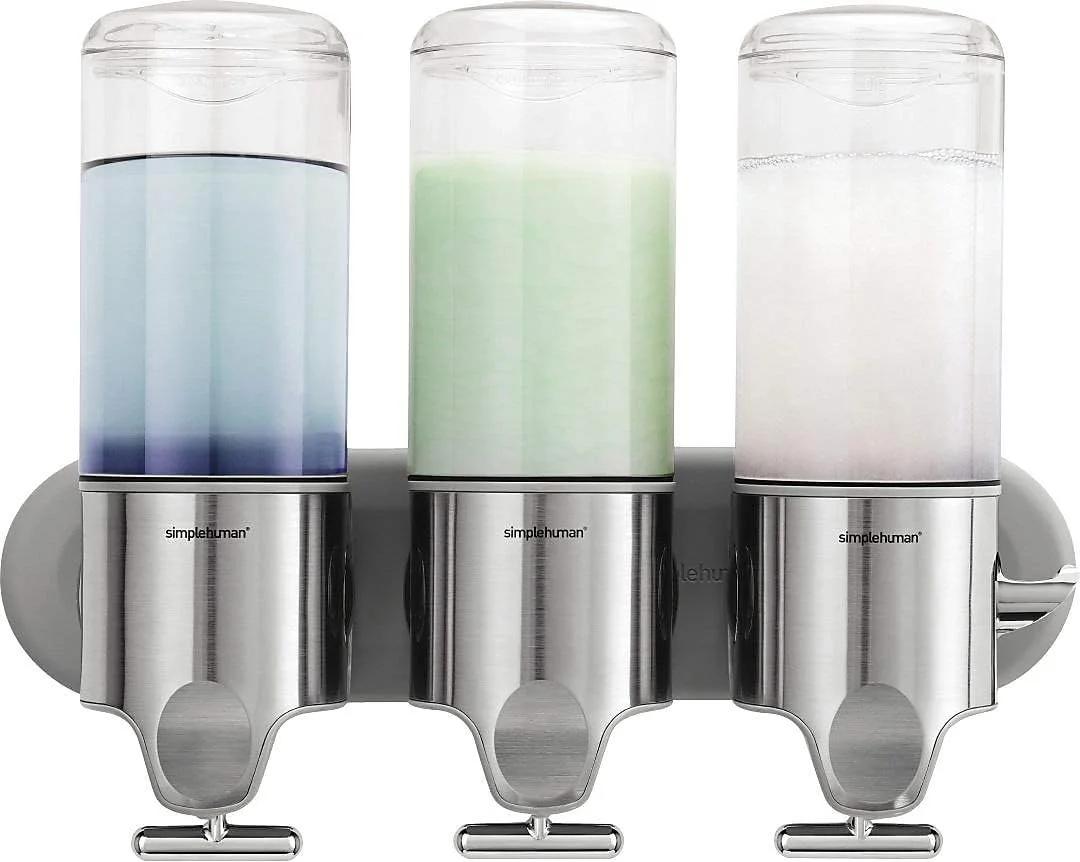 جامایع دیواری سه قلو simplehuman مدل BT1029 با ظرفیت 444 میلی لیتر، مناسب برای صابون، شامپو، نرم کننده و ژل دوش، مناسب برای حمام، نصب آسان، ضد زنگ، استیل ضد زنگ برس خورده