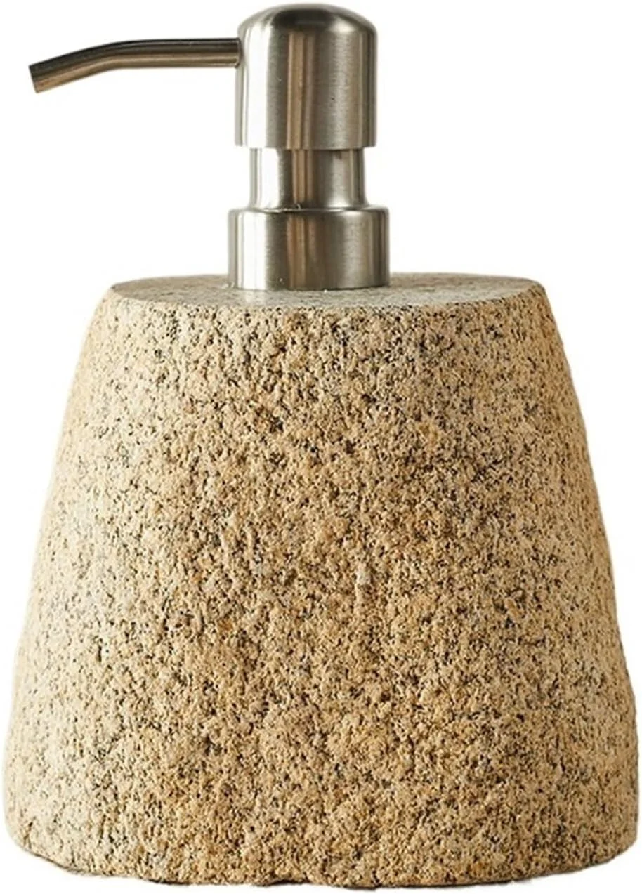 Natural Sandstone Soap Dispenser Bathroom with Silvery Stainless Steel Pump, Liquid Soap Dispenser for Kitchen Bathroom（Each One is a Different Shape） Lotion & Soap Dispensers