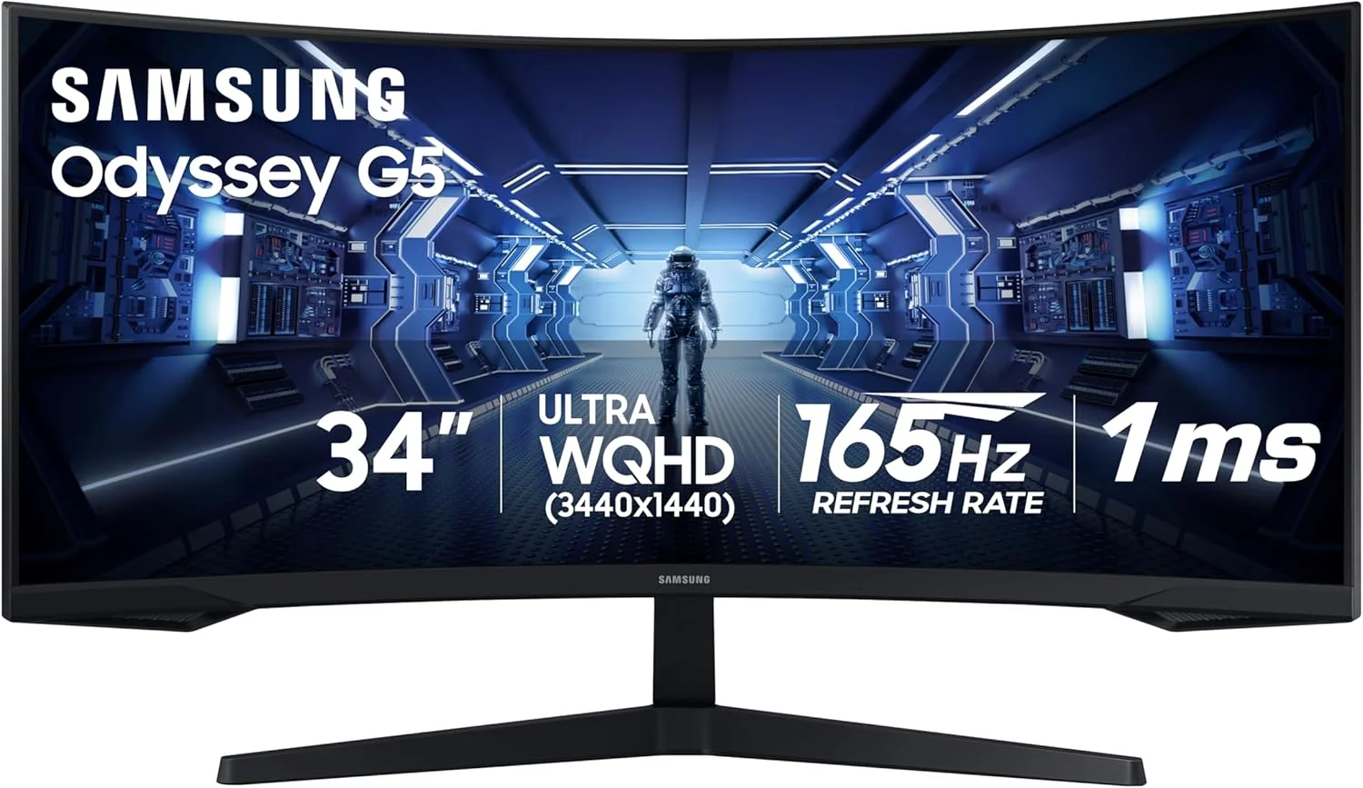 مانیتور گیمینگ فوق عریض 34 اینچی سامسونگ Odyssey G5 با صفحه نمایش خمیده 1000R، نرخ تازه سازی 165 هرتز، زمان پاسخگویی 1 میلی ثانیه، نمایشگر بزرگ، آسایش چشم، درگاه های متعدد، WQHD، مدل LC34G55TWWNXZA، 2020، مشکی