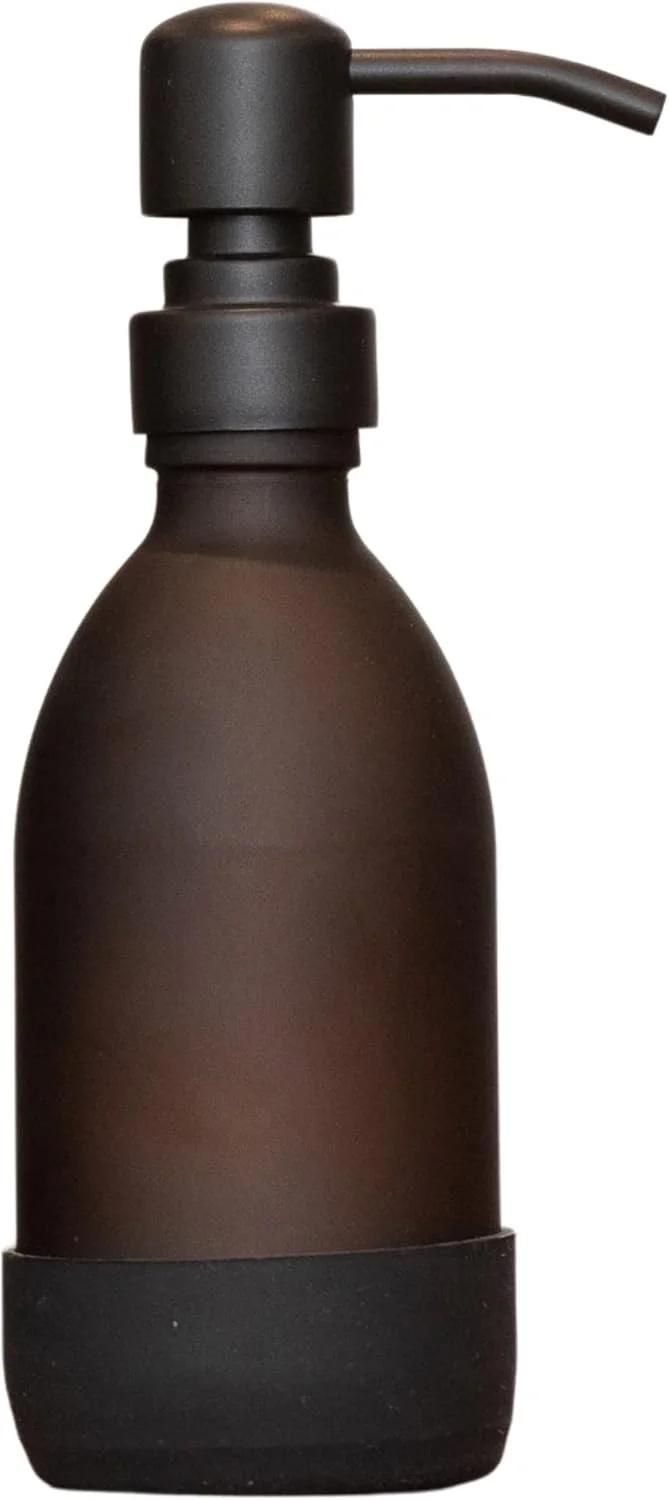پالی پارتنرز دیسپنسر صابون شیشه‌ای کهربایی مشکی برای صابون مایع یا ضدعفونی کننده دست | پایه سیلیکونی ضد لغزش و پمپ فلزی | دیسپنسر صابون ایده‌آل برای آشپزخانه یا حمام