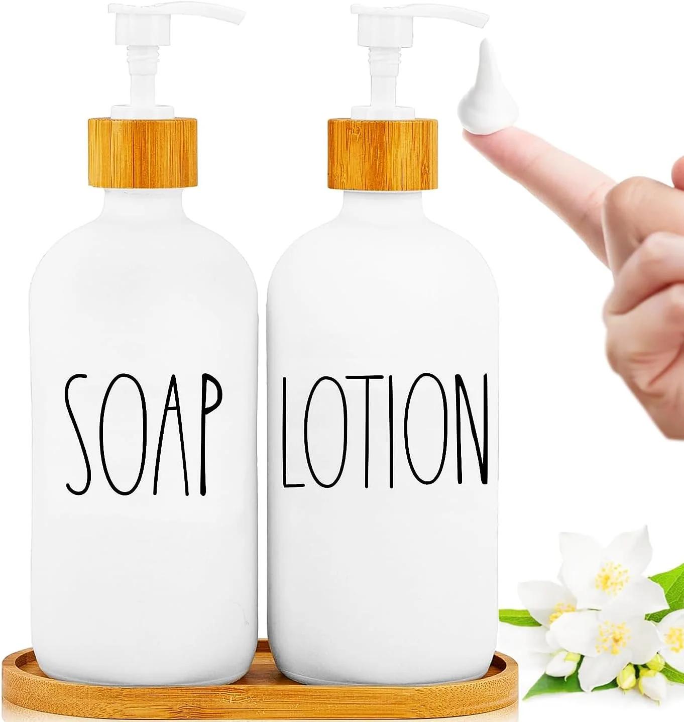 ست دو عددی صابون مایع و لوسیون پاپاو یو، بطری پمپ مایع شیشه‌ای تزئینی حمام، ظروف سفید قابل پر کردن با سینی، افزودن جلوه‌ای شیک به هر خانه