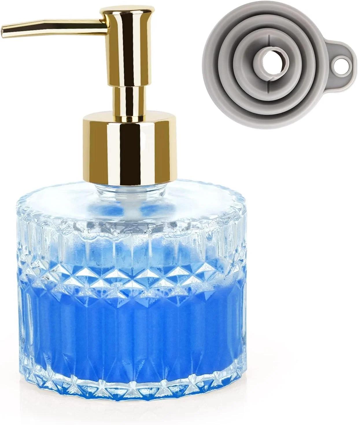 دیسپنسر صابون شیشه‌ای نالاکال، دیسپنسر مایع دستشویی، دیسپنسر صابون برای حمام با قیف تلسکوپی برای آشپزخانه، مایع ظرفشویی، مایع دستشویی، روغن ضروری و لوسیون (طلایی گرد)